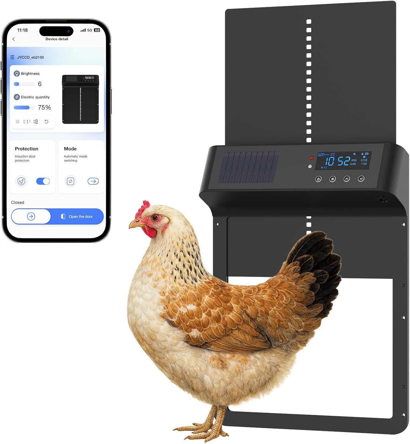 Advwin Automatic Chicken Coop Door Programmable with App Control - Solar Powered Rechargeable Battery | Light Sensor & Timer | Anti-Pinch | Aluminum Alloy image number 2