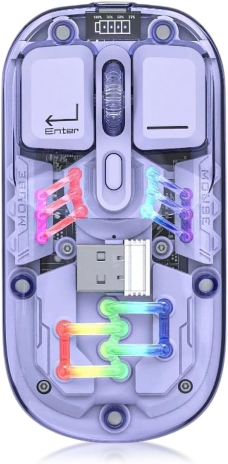 Cordless Gaming Mouse, 2.4G BT 5.0 2 Mode Optical Mouse, RGB Ultra Thin Rechargeable Computer Mice, Ergonomic Mouse for Laptop PC Tablet, Transparent (Purple)