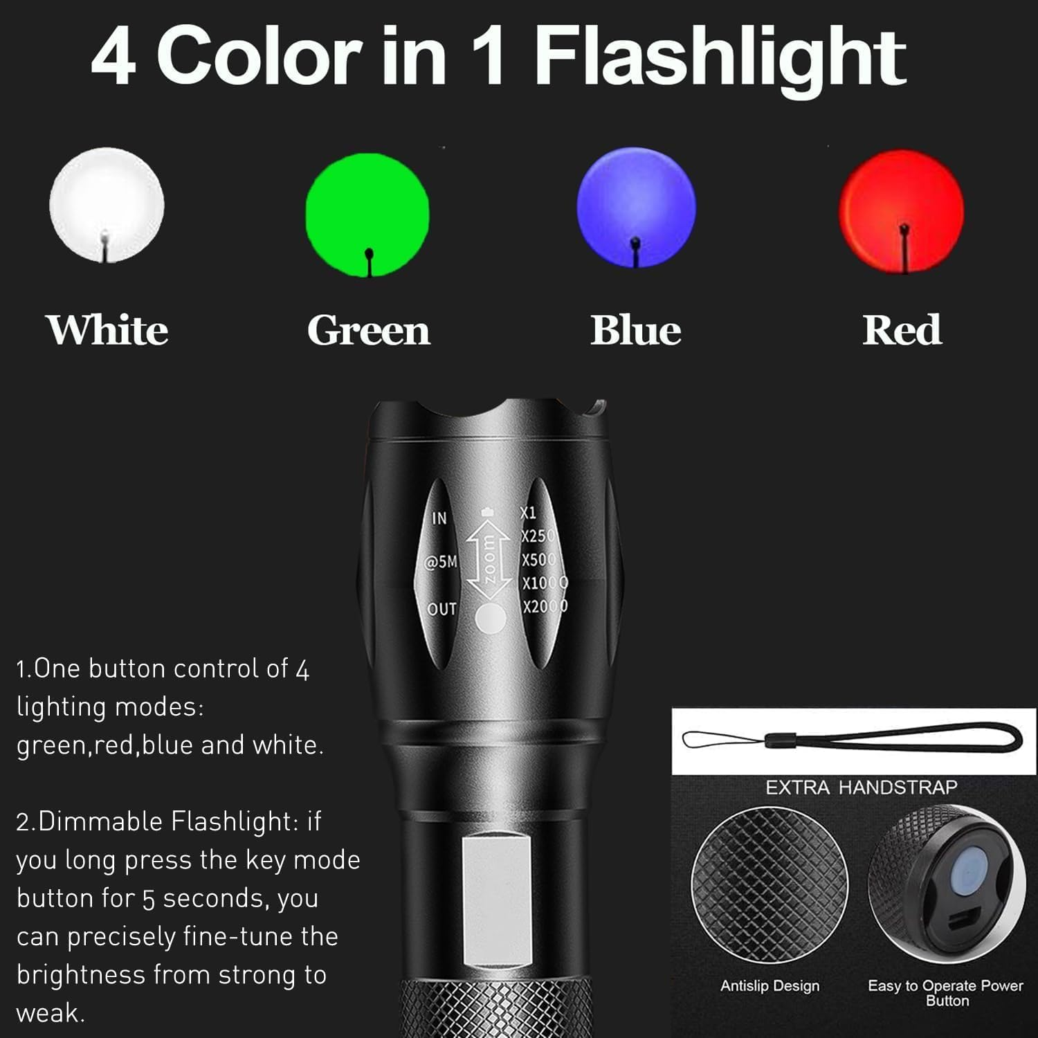 HYVCZP 5 Pack Red Flashlight Rechargeable, Green Light Flashlight, Blue Light Flashlight，Long Range Powerful, 4 in 1 Multi-Color, White, Red, Blue and Green Lights, 4 Color Modes for Camping,Outdoor image number 6