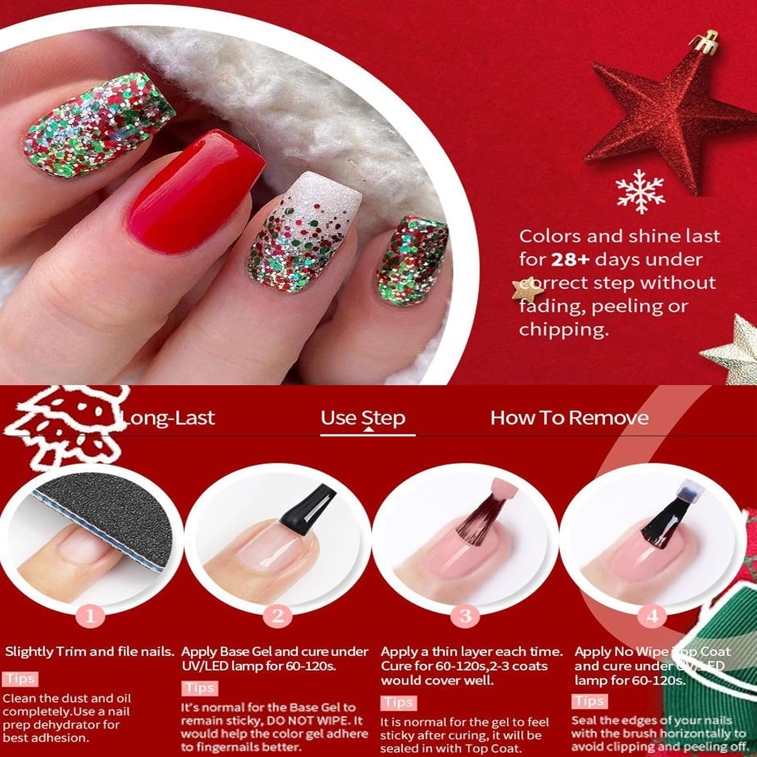 Christmas Gel Nail Polish - 6-Color Quick Dry Beauty Supplies | Sparkly Nail Polish | for Festival Manicure Salon Home Travel Wedding Bridal Spa Grooming Party Summer Holiday Daily image number 2