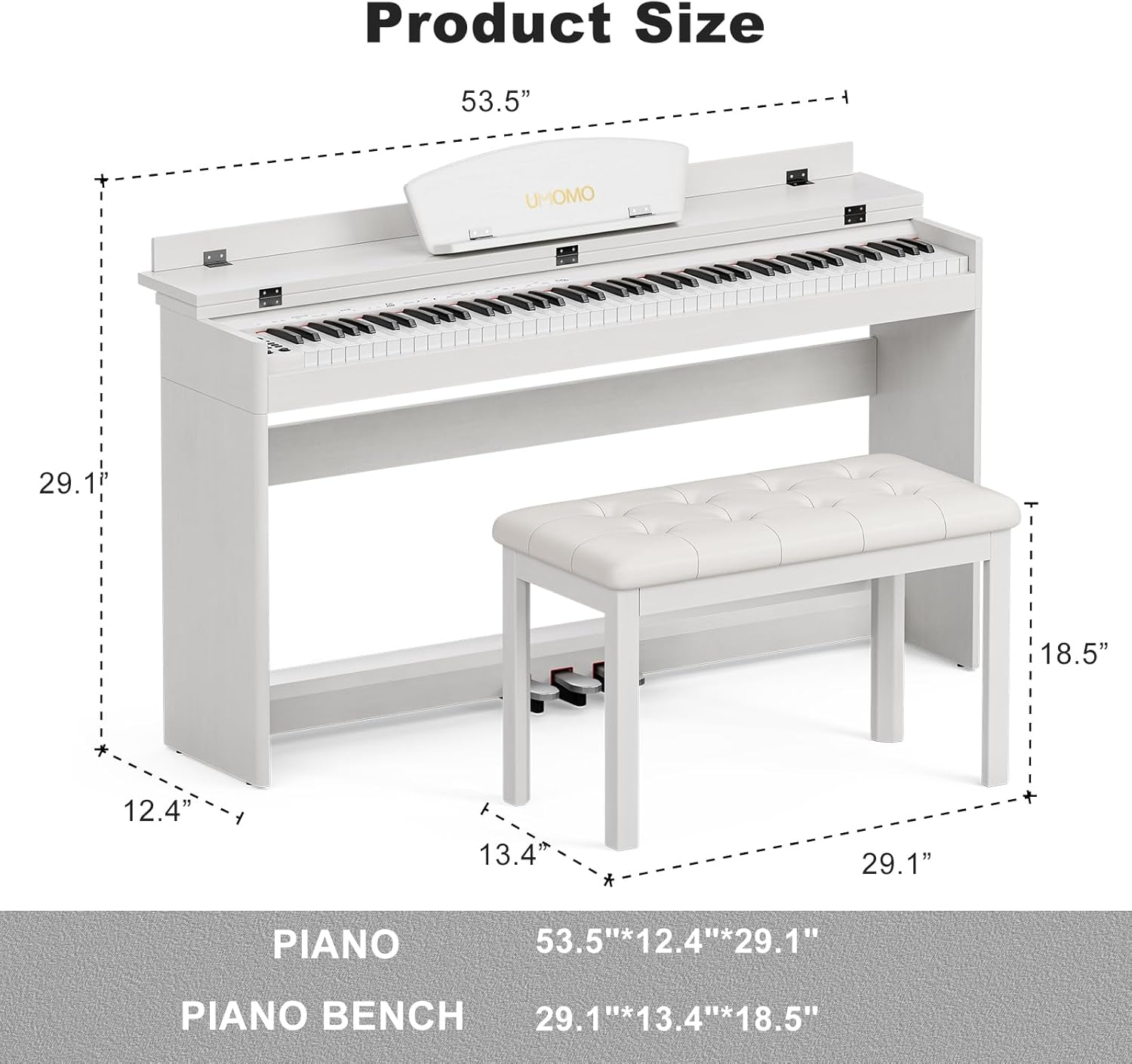 UMOMO U-710 Digital Piano with Duet Bench, 88 Key Electric Piano for Beginner/Adults with Padded Piano Bench+Music Stand+Power Adapter+3-Pedal Board+Instruction Book+Headphone Jack, White image number 5