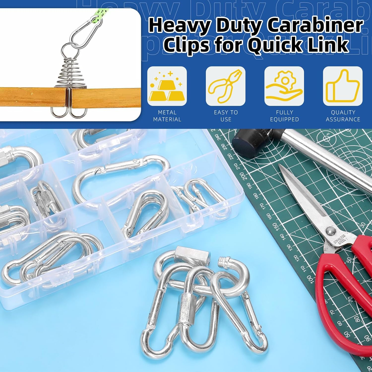 Glarks 30Pcs 2 Styles M3.5/4/5/6/7/8 Quick Link Chain Connector and Spring Snap Hooks Carabiner Set, 16Pcs D Shape Locking Carabiner and 14Pcs Spring Carabiner Clips for Camping, Riging image number 4