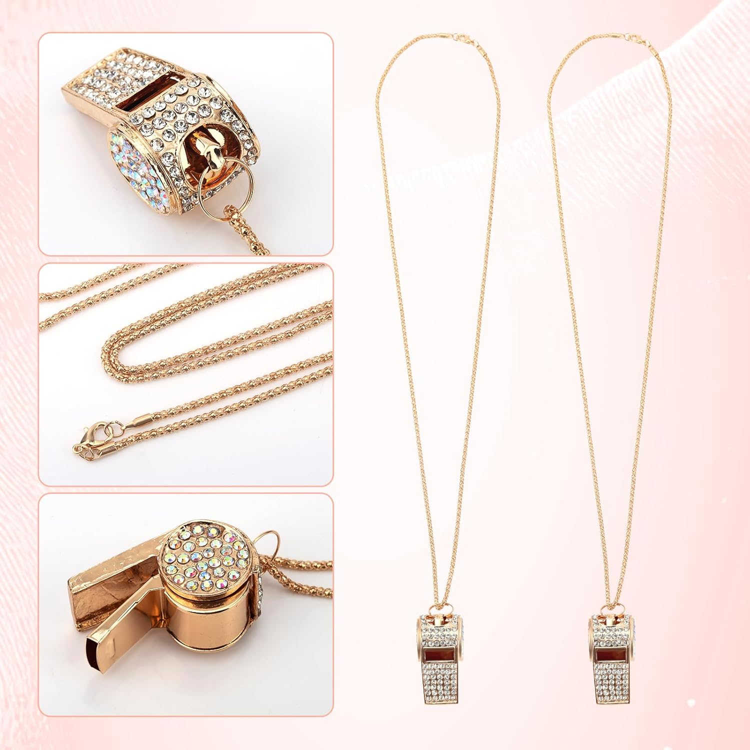 Tinoaly 2Pcs Bling Whistle Crystal Rhinestone Necklace, Metal Golden Bling Loud Crisp Sound Whistle with Chain Lanyard for Referee Coach Teacher Sports Training image number 5