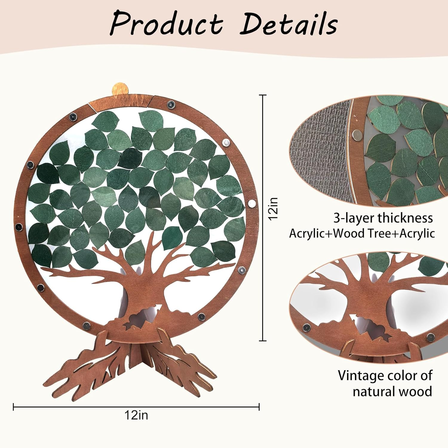 PAMBO Wedding Guest Book Alternative with 55 Green Leaves,Rustic Wooden Family Signing Tree Guest Book - 12" Handcrafted Wedding Decoration & Keepsake image number 4