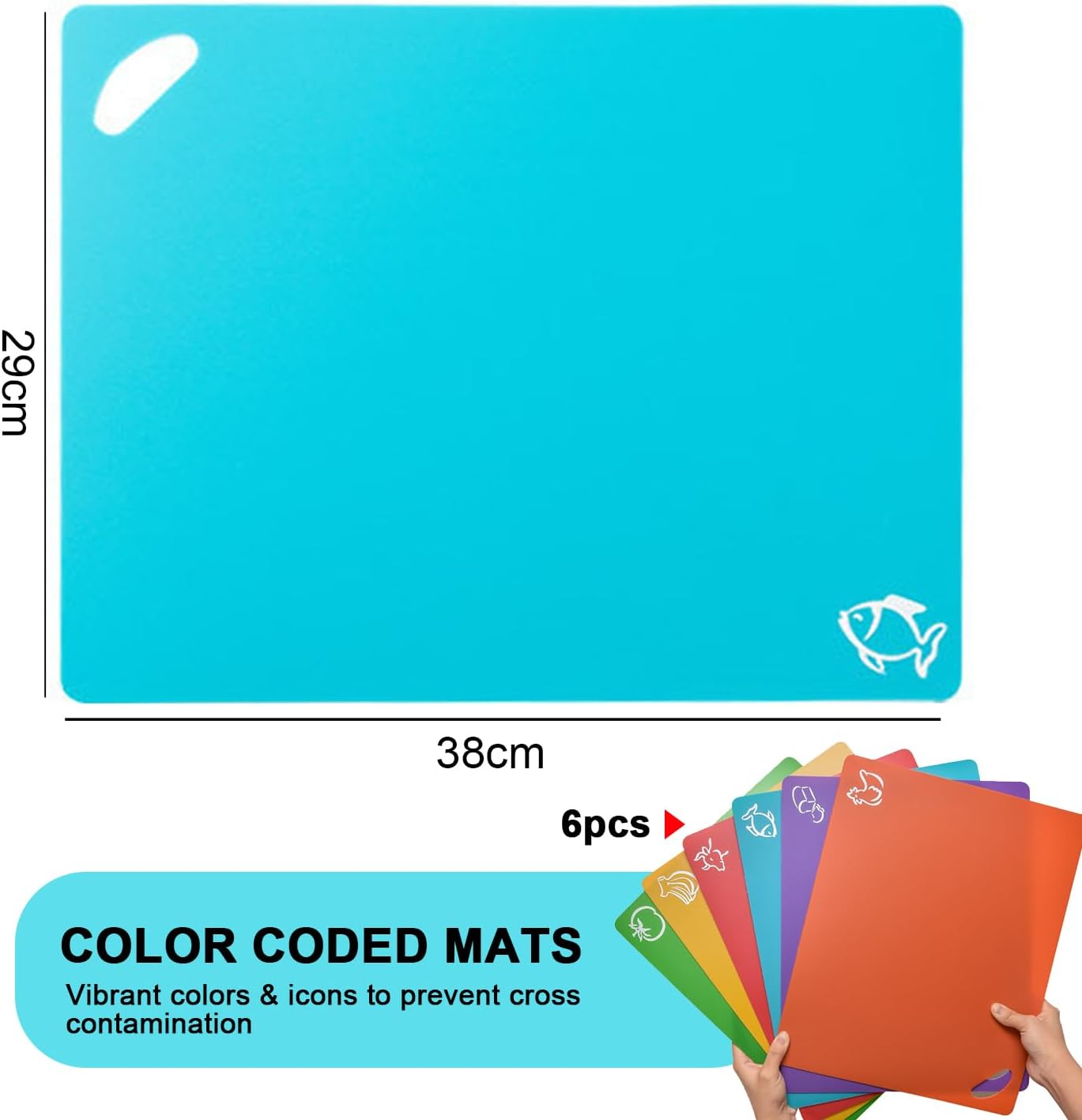6Pc Cutting Board Set with Food Icons, Large 38X30Cm Plastic Easy-Grip Handles Chopping Mats, Color-Coded for Meat/Fish/Vegetables, Dishwasher Safe image number 2