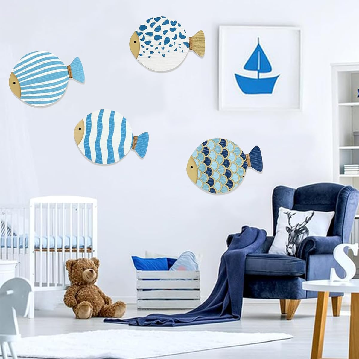 4 Pcs Vintage Beach Wall Decor,Wooden Fish Nautical Wall Art,Coastal Wall Art,Blue Fish Wall,Sculpture Lake House Hanging Decor,Ocean Room Decor for Bathroom Bedroom,Vintage Blue Fish Ornaments