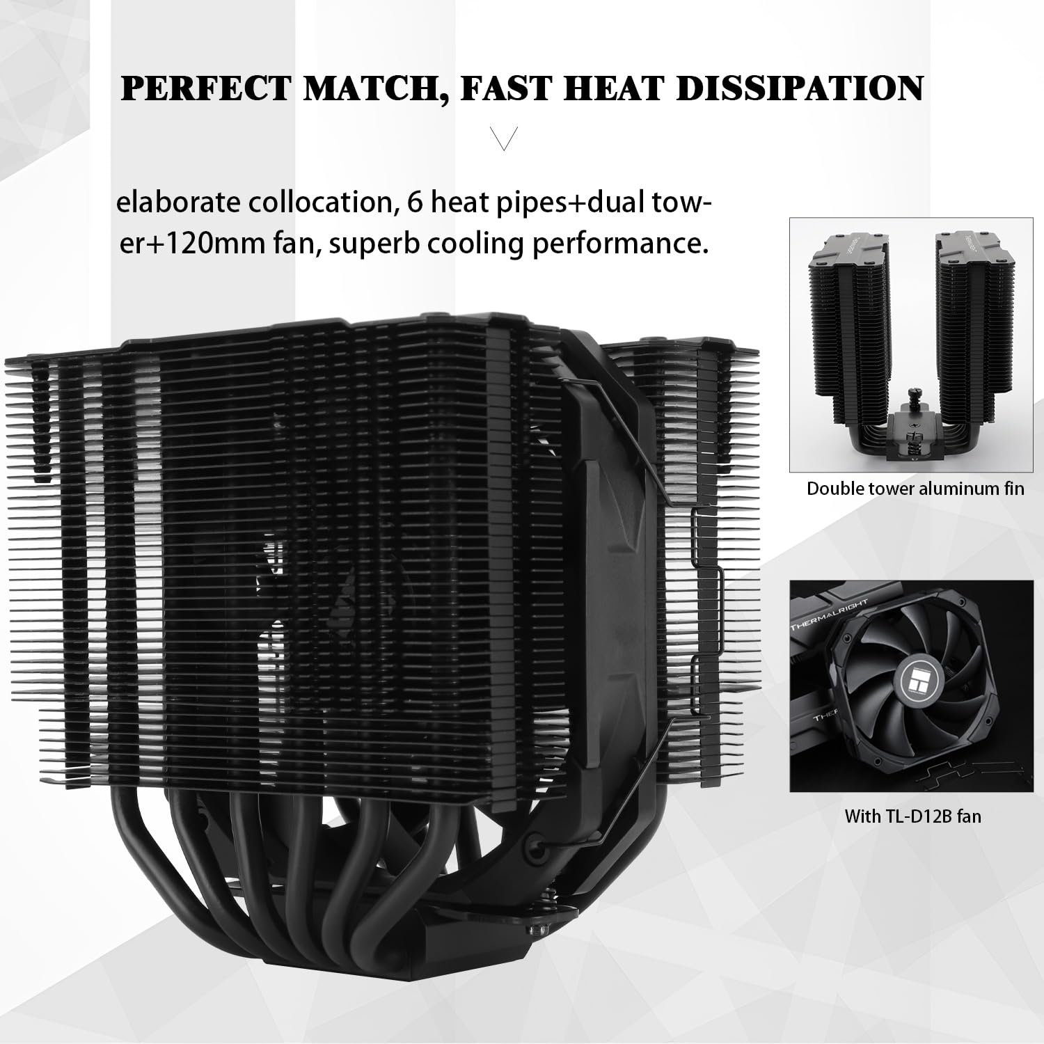 Thermalright Peerless Assassin 120 Mini Black CPU Air Cooler, 6 Heat Pipes,120Mm TL-D12B PWM Fan, 135Mm High, Double Towers Cooling, for Am4/Am5/Intel LGA 1851/1700/1150/1151/1200/2011,PC CPU Cooler image number 3
