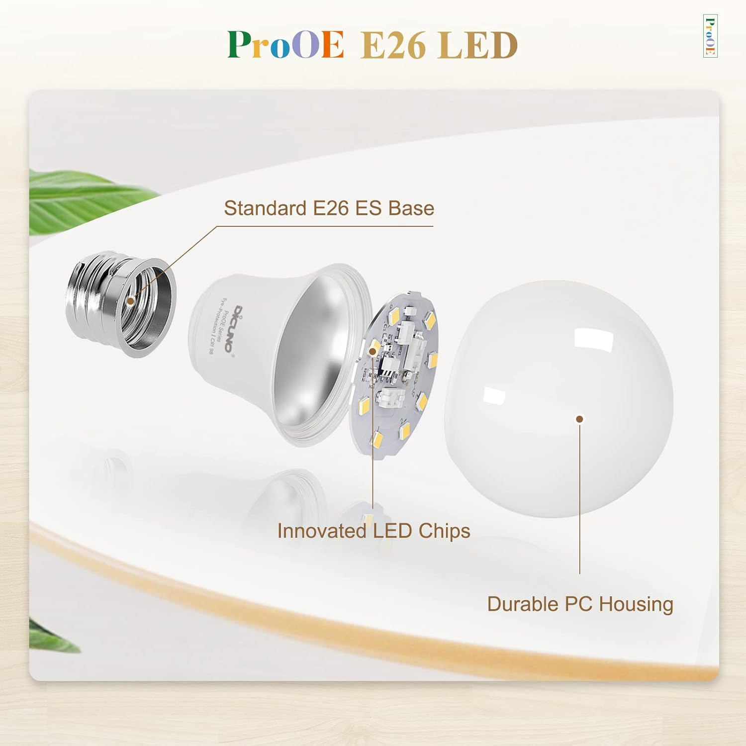 Dicuno Prooe E27 Bulb, LED Light Bulb, CRI 98, 9W 806LM 60W Equivalent, Daylight White 5000K, Not Dimmable, Pack of 6 - Daylight White image number 6