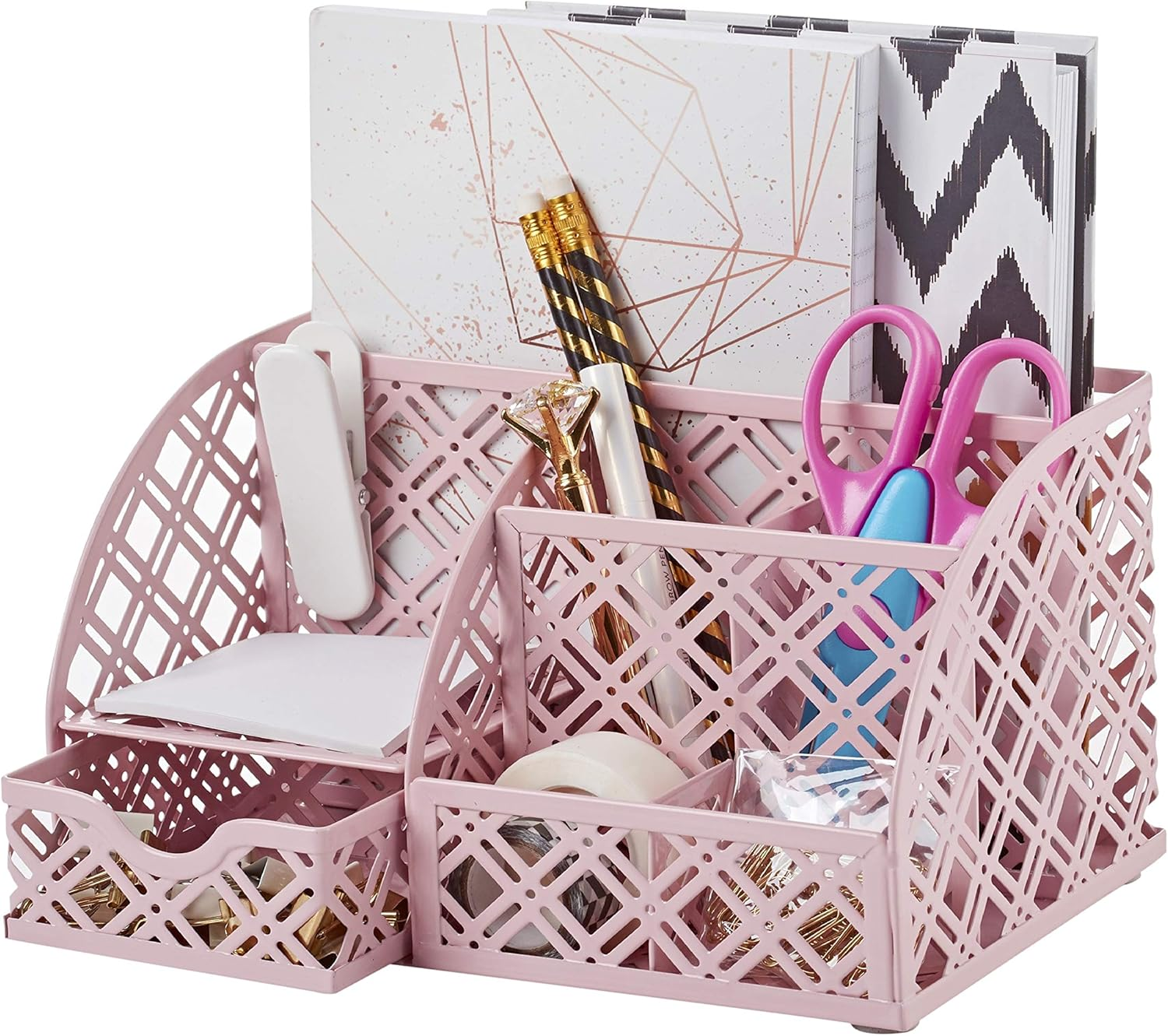 EXERZ Desk Organiser/Mesh Desk Tidy Caddy/Pen Holder/Multifunctional Organiser with 7 Compartments (Light Pink)