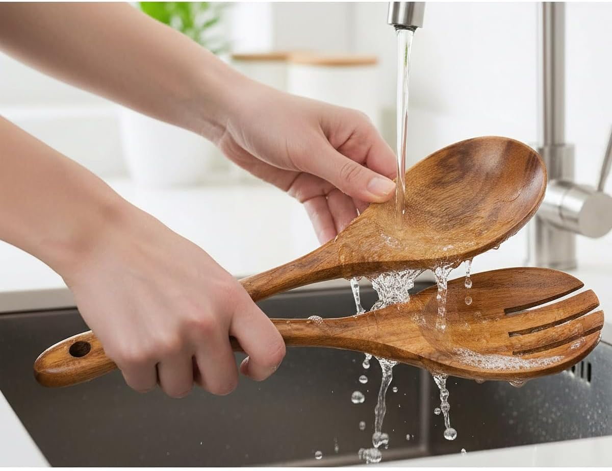 Set of 2 Large Salad Spoons, Wooden Spoons, 33 Cm / 13 Inch Salad Servers, Teak Wood Spoons, Serving Spoons, Salad Wooden Cutlery Long Handle image number 1