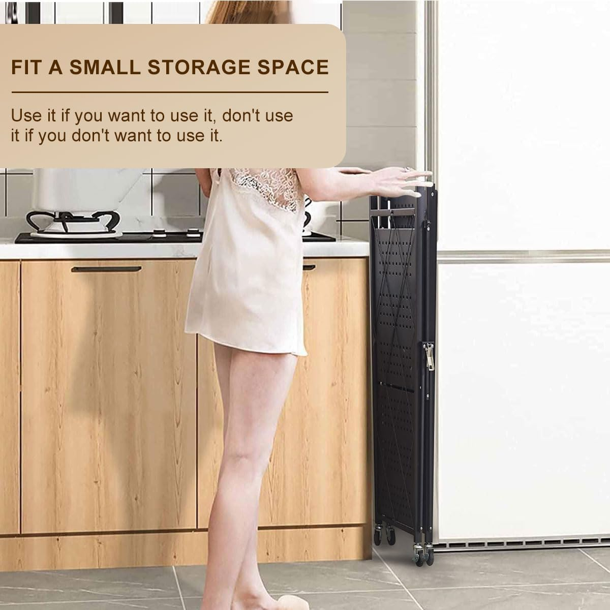 3-Tier Foldable Storage Shelf with Wheels - Metal Collapsible Shelving Unit Display, Rolling Cart for Books Kitchen Storage Shelves - Black image number 3