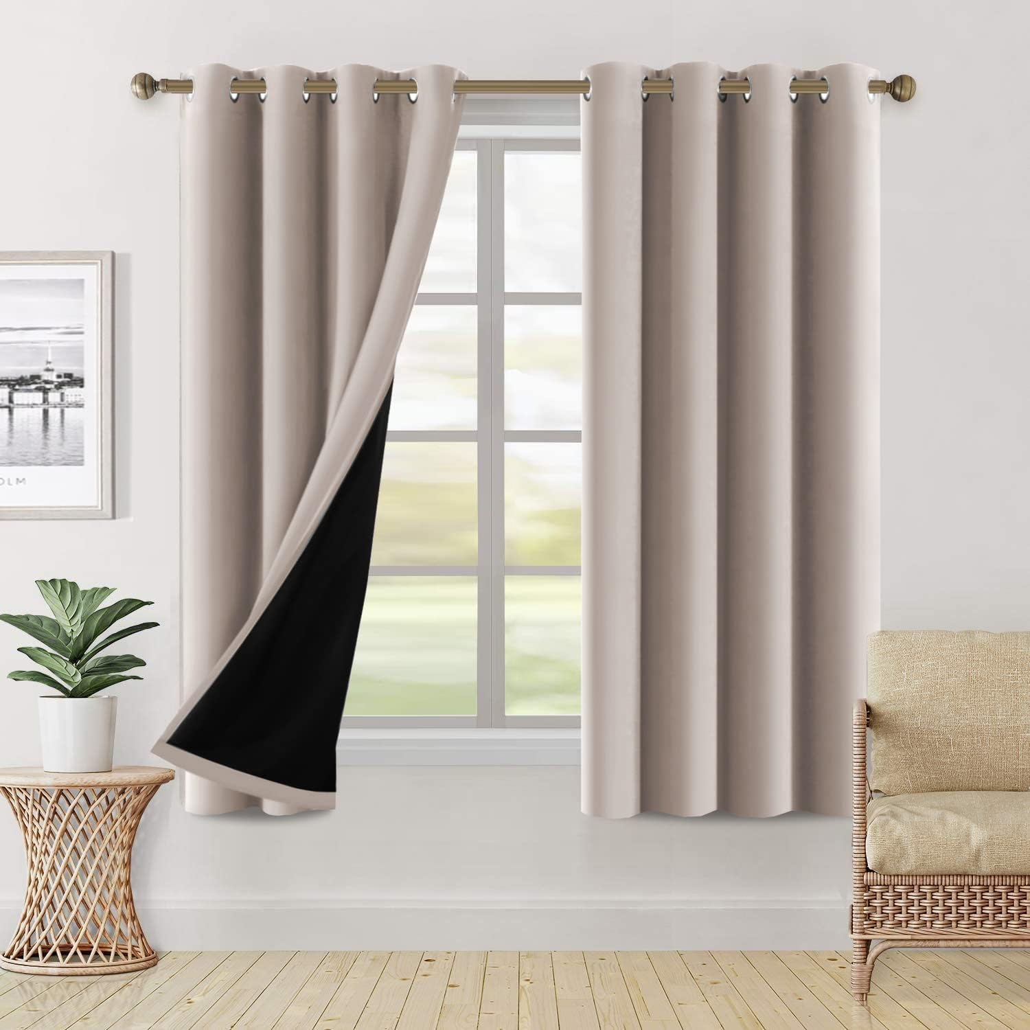 H.VERSAILTEX 100% Blackout Curtains Completely Blackout Window Drapes Thermal Insulate Double Layer with Black Liner for Bedroom 2 Panels Set, Each W132Cm X D160Cm, Natural image number 4