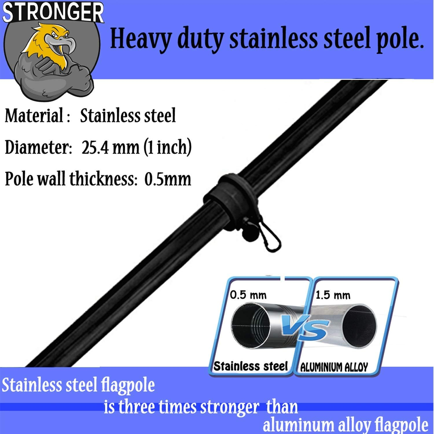 Diig 6FT Flag Pole Kit,Stainless Steel Heavy Duty Black American US Flagpole, Rustproof for Outdoor Garden Roof Walls Yard Truck (Without Bracket) image number 3