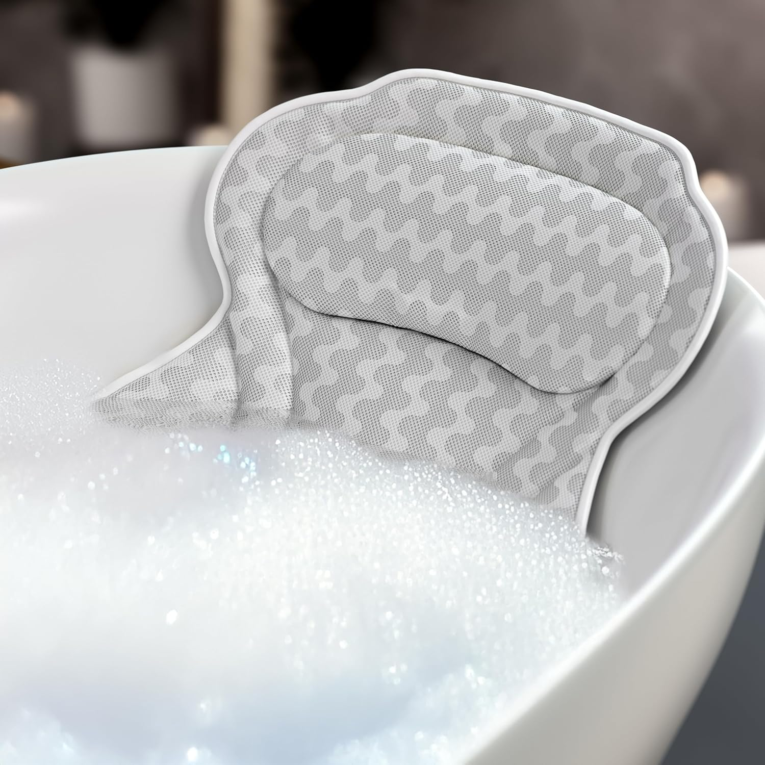 Bath Haven Luxurious Bath Pillow for Women & Men :: Ergonomic Bathtub Cushion for Neck, Head & Shoulders :: with Quiltedair Mesh for Breathable Comfort :: Includ Luxury Escape Gray Chevron image number 1