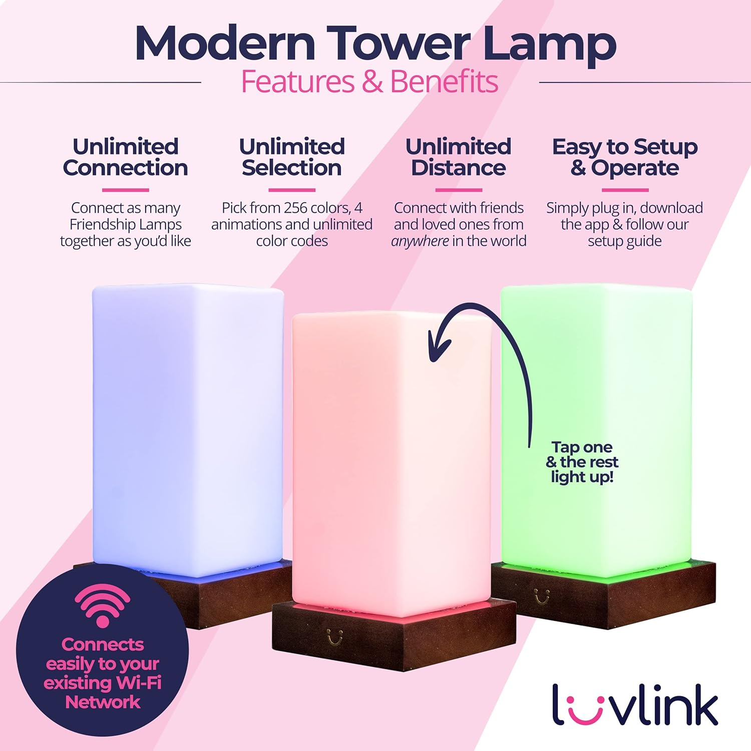 Luvlink Tower Friendship Lamp V2 Extended Wifi Range - Bluetooth Setup - Wood & Glass Design (Single, Walnut)