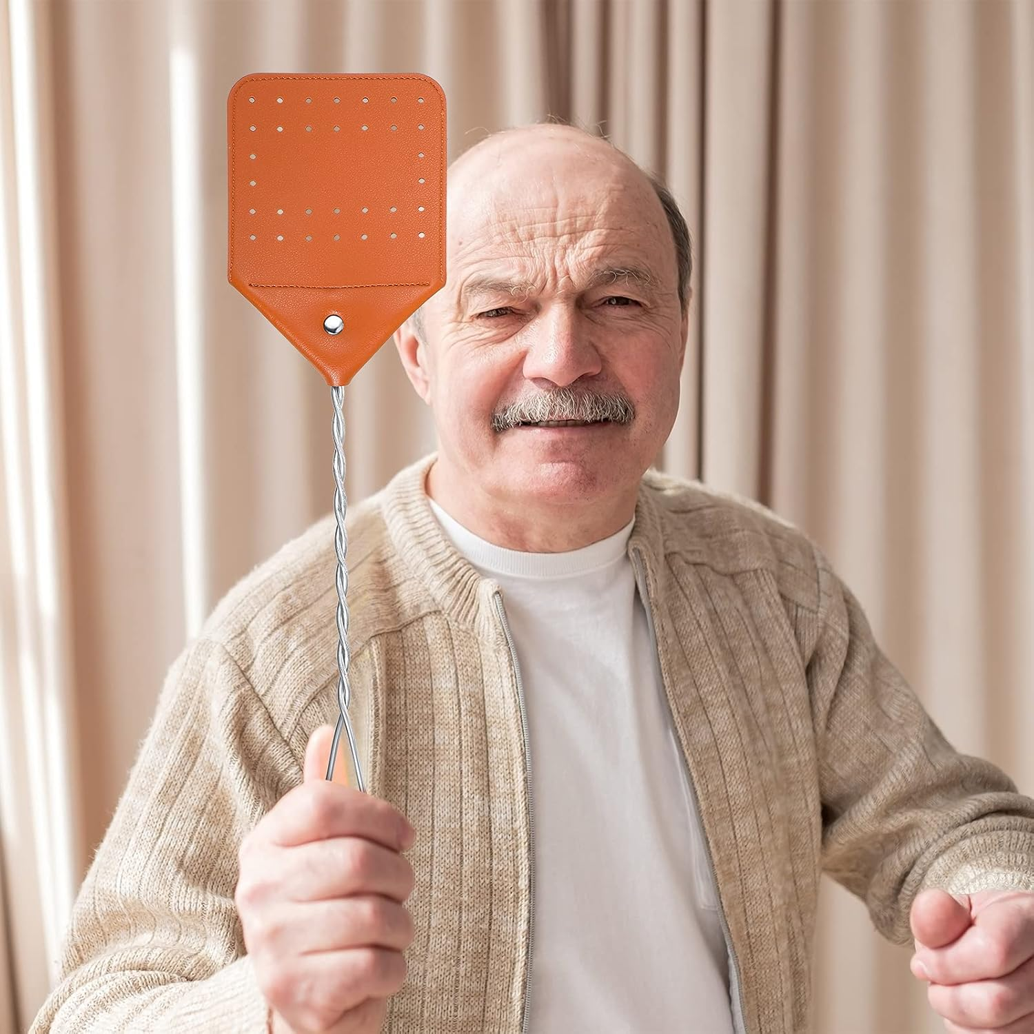 Zopeal 4 Pcs Sturdy Leather Fly Swatter 17 Inch Long Handle Manual Swat Heavy Duty Metal Handle Flyswatter Rustic Fly Swatter for Indoor Outdoor(Royal Blue, Black, Khaki, Dark Brown) image number 4