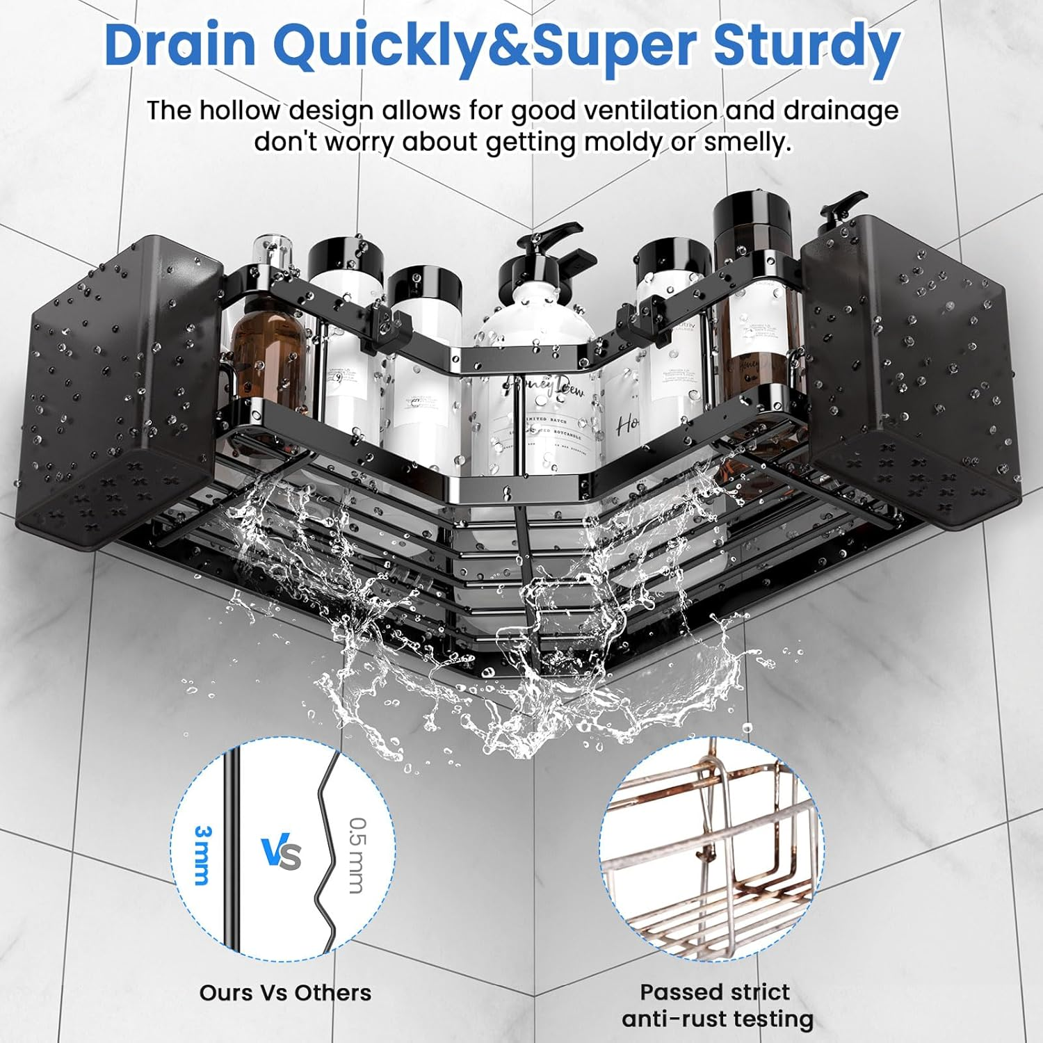 PKBD Corner Shower Caddy 3 Pack,Bathroom Storage No Drilling,Shower Storage with Soap Holder&Hooks&Toothpaste Holders,Bathroom or Kitchen,Rustproof Stainless Steel Suction Bathroom Accessories,Black - White image number 3