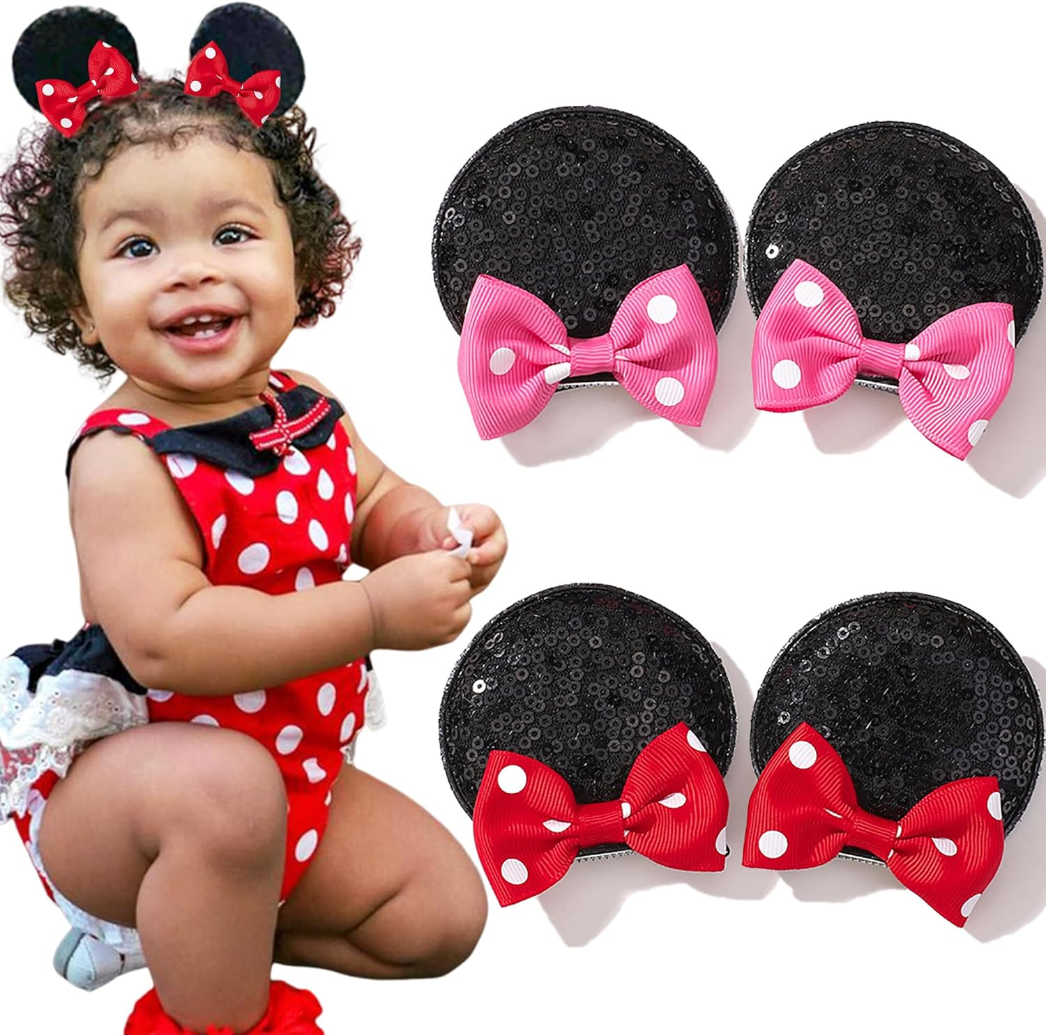 Ayesha Mickey Minnie Ears Hair Clips Mouse Ears for Toddler Girls Sequin Mouse Bows Barrettes Mice Ears Polka Dot Bows Mouse Hair Accessories for Baby Girls Toddler Kids Costume Party 4PCS image number 4