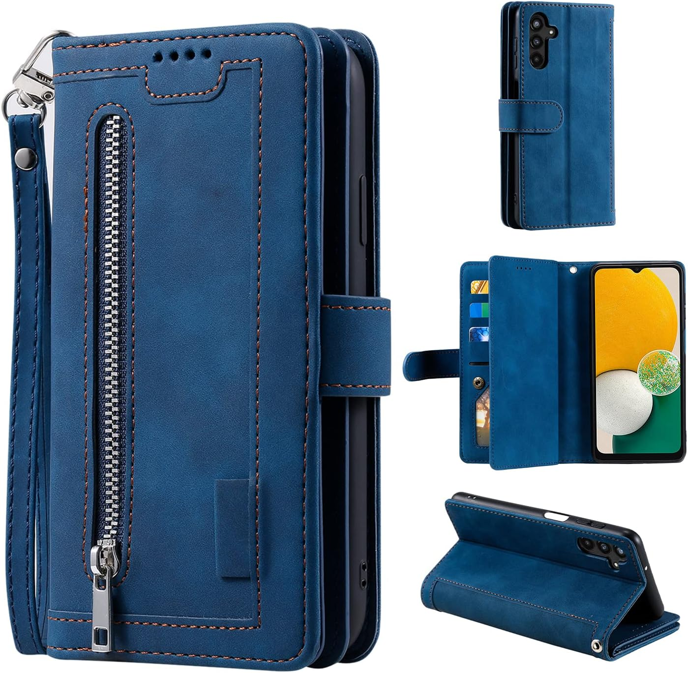 EYZUTAK Wallet Phone Case for Samsung Galaxy A15 4G/5G, Retro Matte 9 Card Holder Slots Zipper Pocket Handbag Case PU Leather Magnetic Closure Kickstand with Wrist Strap Flip Purse Case - Rose Gold