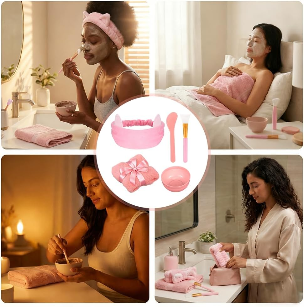5 Pcs Facial Mask Mixing Bowl Set with Headband Bowl Face Towel Silicone Brush & Spatula, Facial Mixing Kit for Clay Mud Mask Application, DIY Skincare Home Spa Beauty Tools for Adults Women (Pink) image number 4