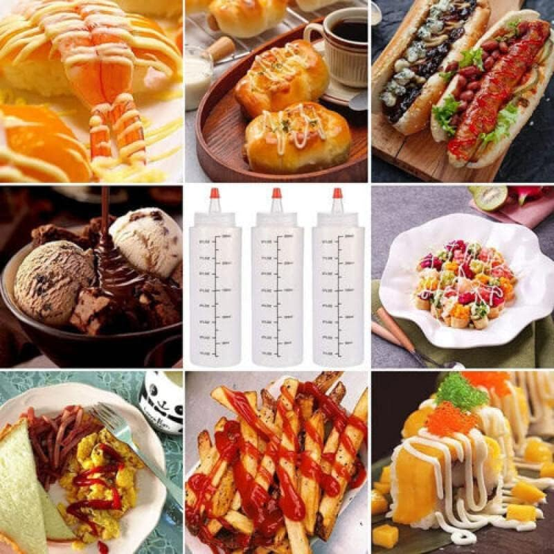 6PCS 250/500ML Sauce Bottle Squeeze Crafts Bottle Condiment Dispenser, Leak-Proof Red Cap, Clear Food-Grade PE, Bpa-Free, with Measurement Marks image number 5