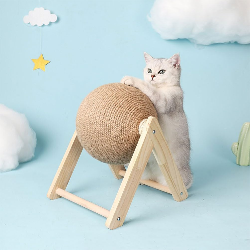 Cat Scratcher Toy with Sisal Ball, Durable Sisal Cat Scratching Ball with Stable Stand Wooden Cat Scratching Ball Cat Scratching Board Durable Cat Scratching Post Indoor Interactive Pet Toy image number 1