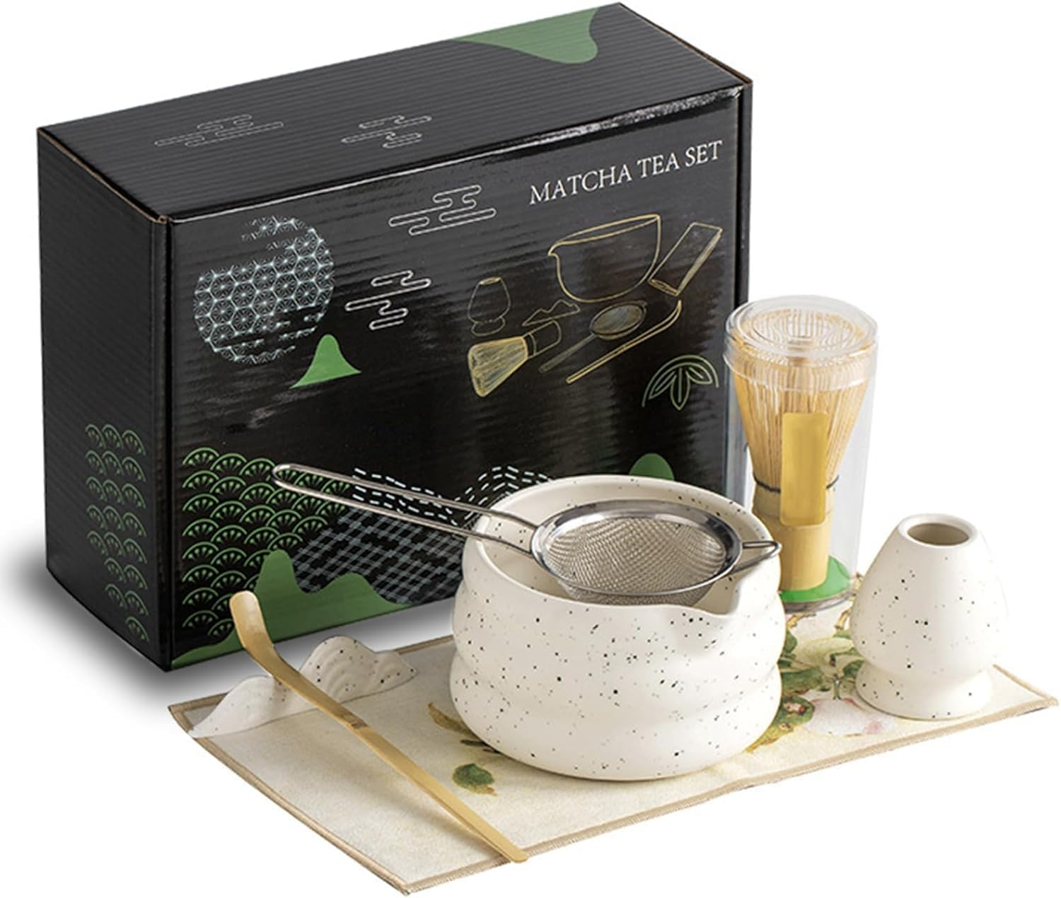 Matcha Whisk Set, Ceramic Matcha Set Includes Matcha Bowl, Matcha Whisk and Holder, Bamboo Scoop, Scoop Rest, Sifter and Tea Towel - 7 Pcs Matcha Kit for Matcha Lovers (White)