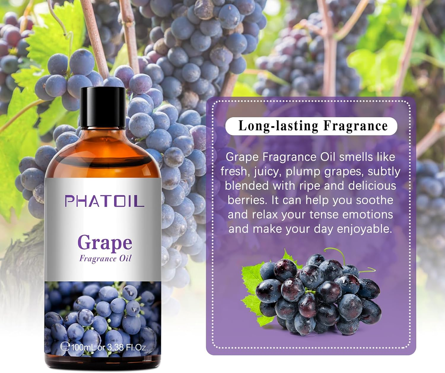 PHATOIL Grape Fragrance Oils 100ML/3.38FL.OZ, Essential Oils for Diffuser, Humidifier, Aromatherapy, DIY Candle, Soap and Scented Products Making image number 3