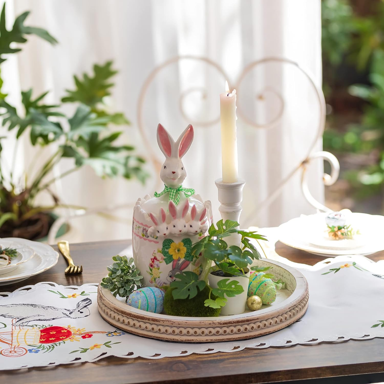 Hanobe Decorative Tray round Coffee: Beaded White Circle Serving Tray Bohotable Centerpiece Decor Vintage Rustic Wood Kitchen Counter for Living Room Home Bathroom