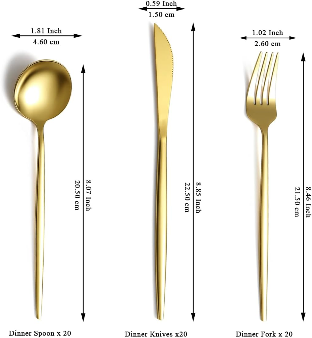 Evanda Gold Cutlery Set 60 Piece Service for 20, Titanium Gold Plated Stainless Steel Flatware Set, Knives Forks Spoons Cutlery Set for Wedding, Parties, Birthday, Restauroom, Dishwasher Safe image number 2