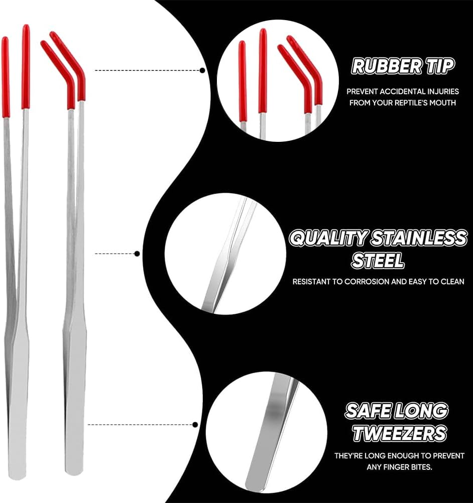 QOOWFEANIG 2Pcs Stainless Steel Reptile Feeding Tongs - 10.6" Straight & Curved Tips with Rubber Grip, Aquarium Tweezers for Snakes, Bearded Dragons, Lizards, Aquascaping Tool&Tank Accessories,Red image number 2