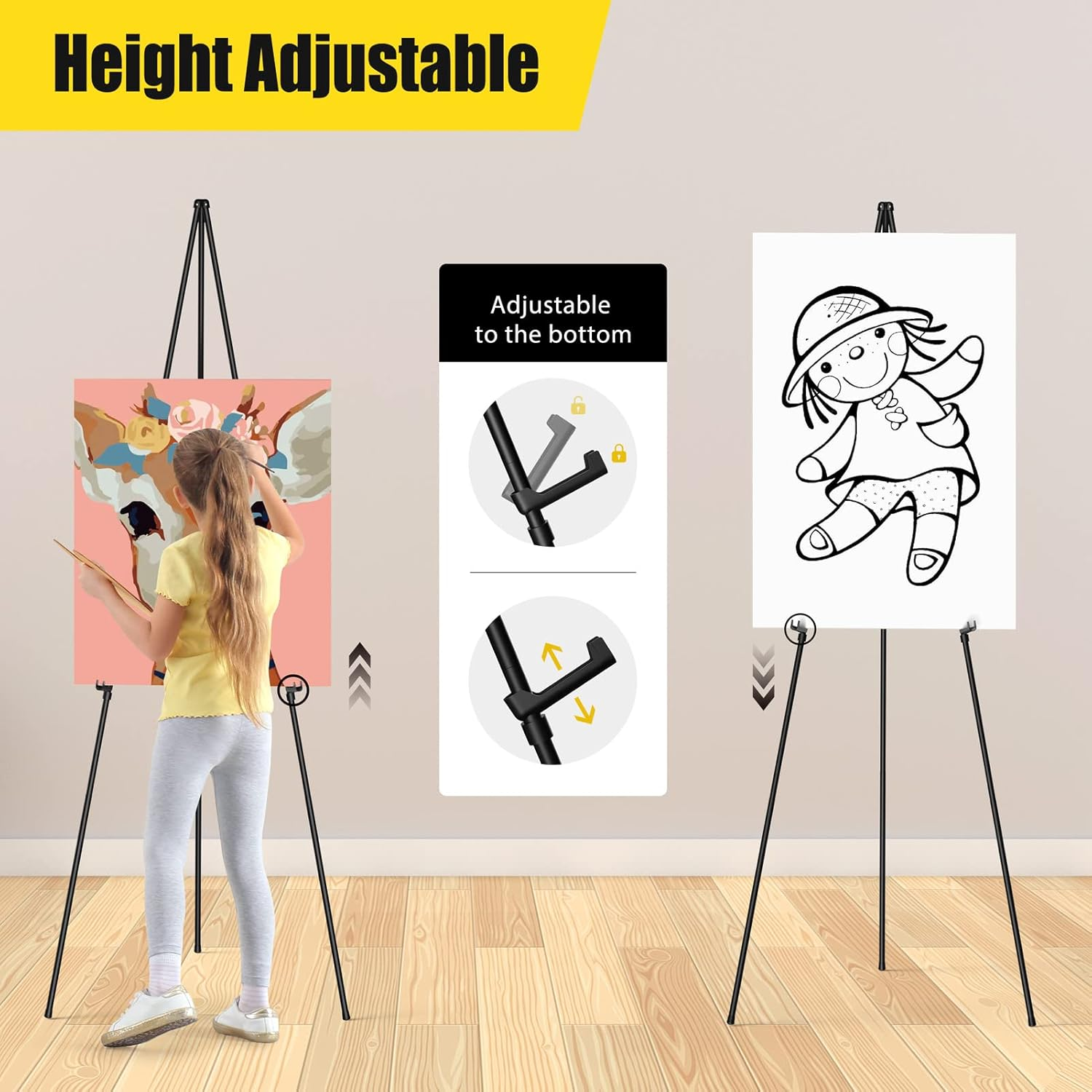 Sunyesyo Display Black Easel Stand for Wedding Sign - Artist Instant Tripod Collapsible Portable Floor Easel for Posters- 63" Adjustable Easy Folding Metal Stand for Display Show, Arts, Painting image number 6