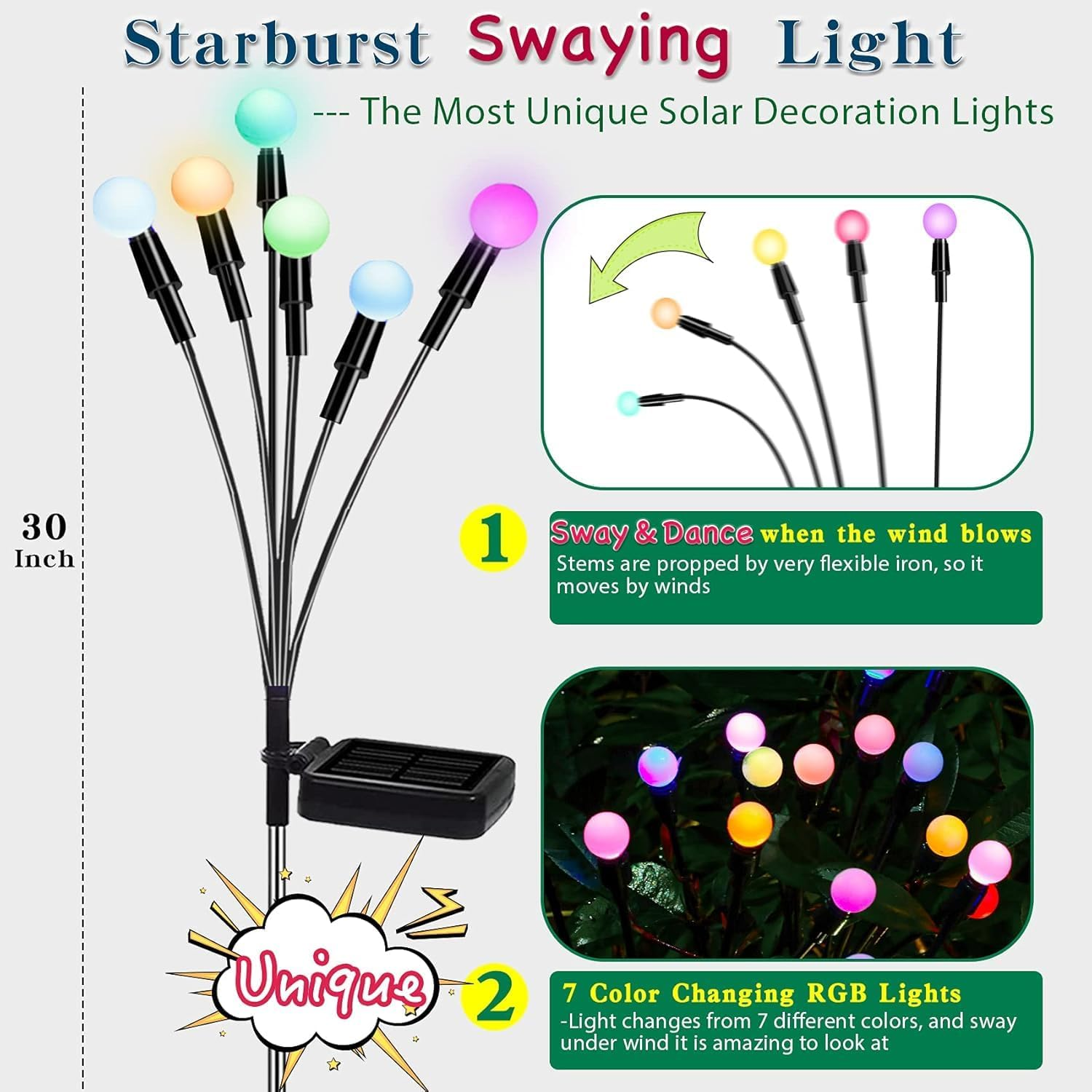 Solar Garden Lights, Starburst Swaying Light - Swaying When Wind Blows, Solar Lights Outdoor Decorative, Color Changing RGB Light for Yard Patio Pathway Decoration image number 4