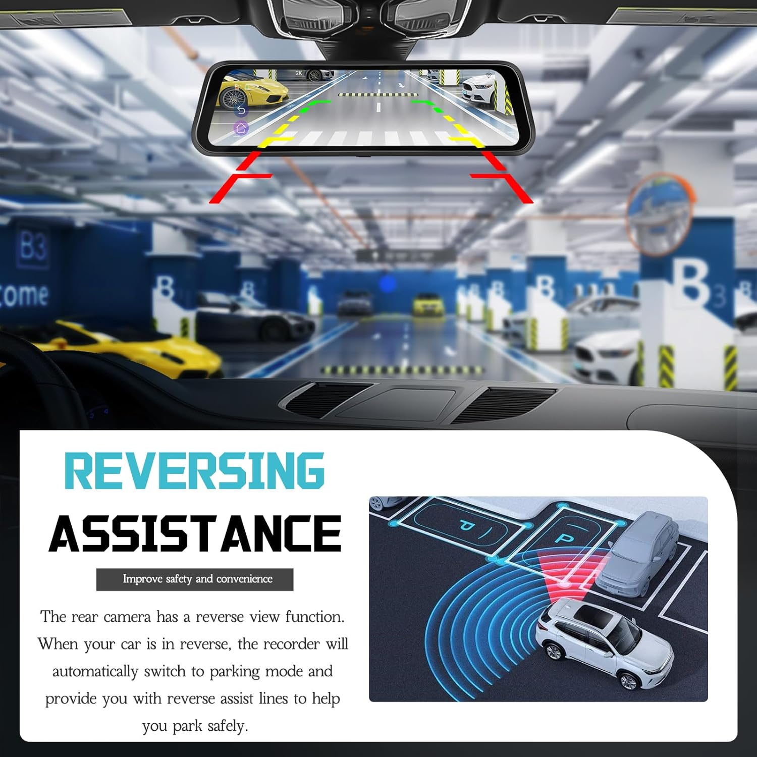 Rimoody 9.66" 2K Mirror Dash Cam 3 Channel Front 2K +Inside 1080P+ Rear 1080P, Rearview Mirror Camera, Touch Screen Front and Rear, G-Sensor Parking Assistance Night Vision 64GB Card image number 1