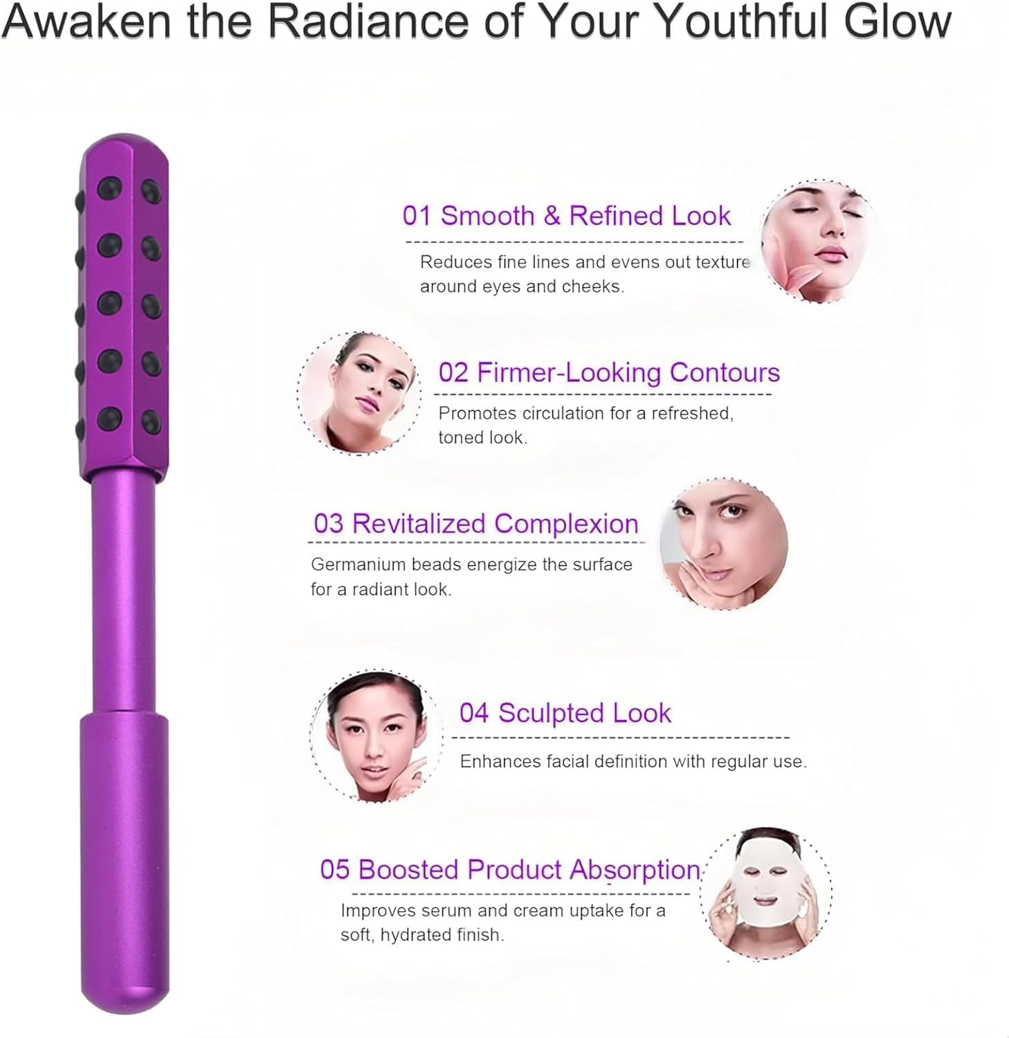 Elarique Face Roller, Germanium Stone Uplifting, Portable Beauty Roller Tool for up Lifting, De-Puffing, Anti-Aging and Skin Care with Cooling & Sculpting for Women Men (Purple) image number 1