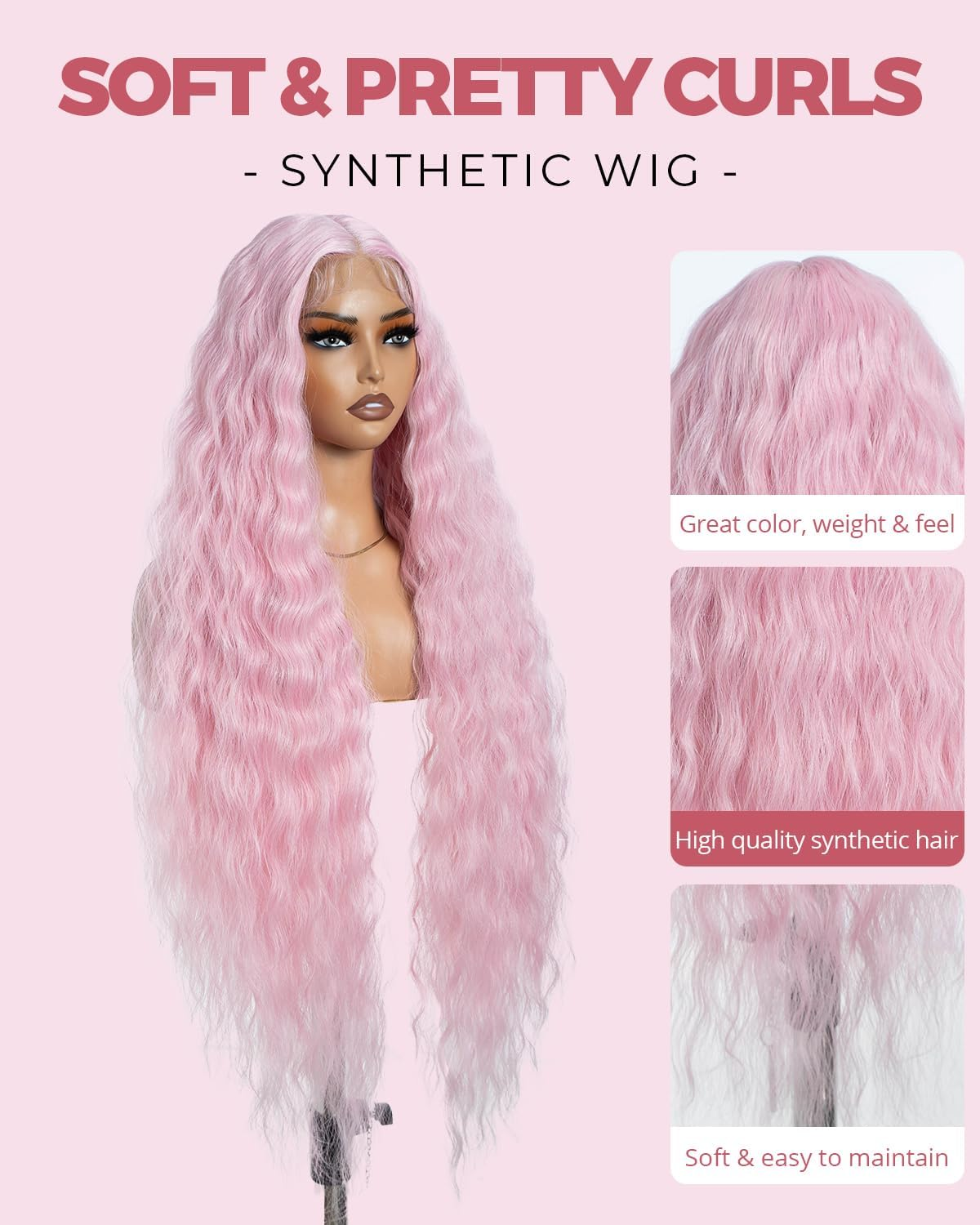 Style Icon Pink Super Long Lace Front Wig 104 Cm Long Curly Wig for Women Super Long Wavy Synthetic Lace Wig T Part Lace Wig Heat Resistant Fibre