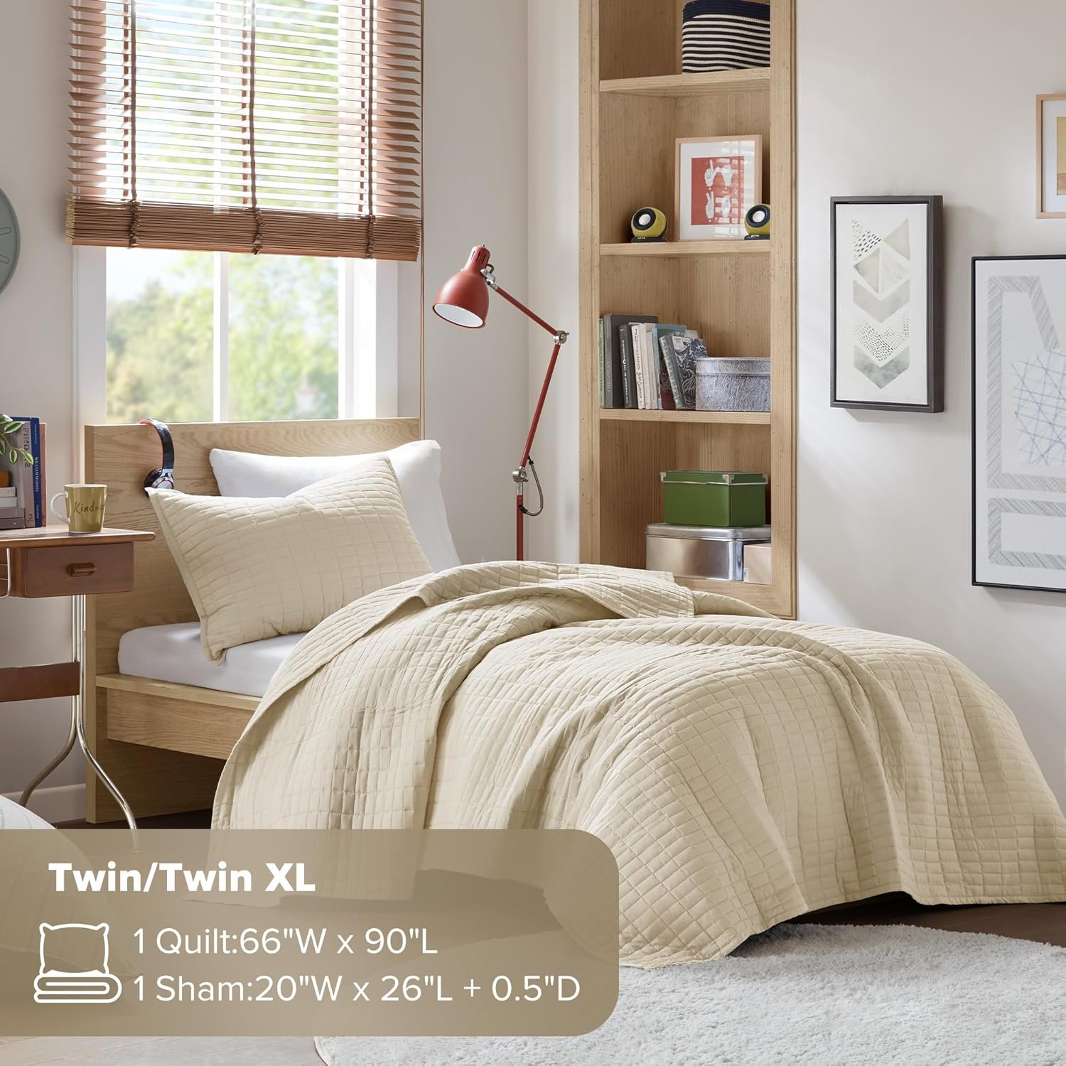 Comfort Spaces Kienna Quilt Set-Luxury Double Sided Stitching Design Summer Blanket, Lightweight, Soft, All Season Bedding Layer, Matching Sham, Ivory, Coverlet Twin/Twin Xl(66"X90") 2 Piece