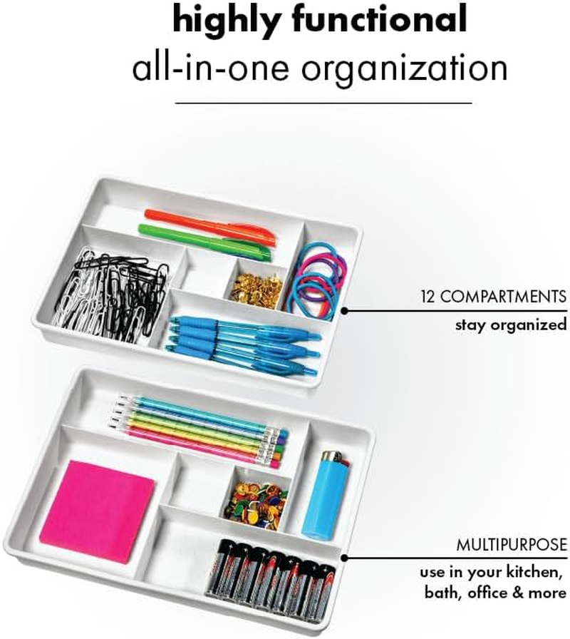 Madesmart Set of 2 Plastic 6-Compartment Drawer Organizer Gadget Trays, Multipurpose Storage Bins for Drawers, White image number 3