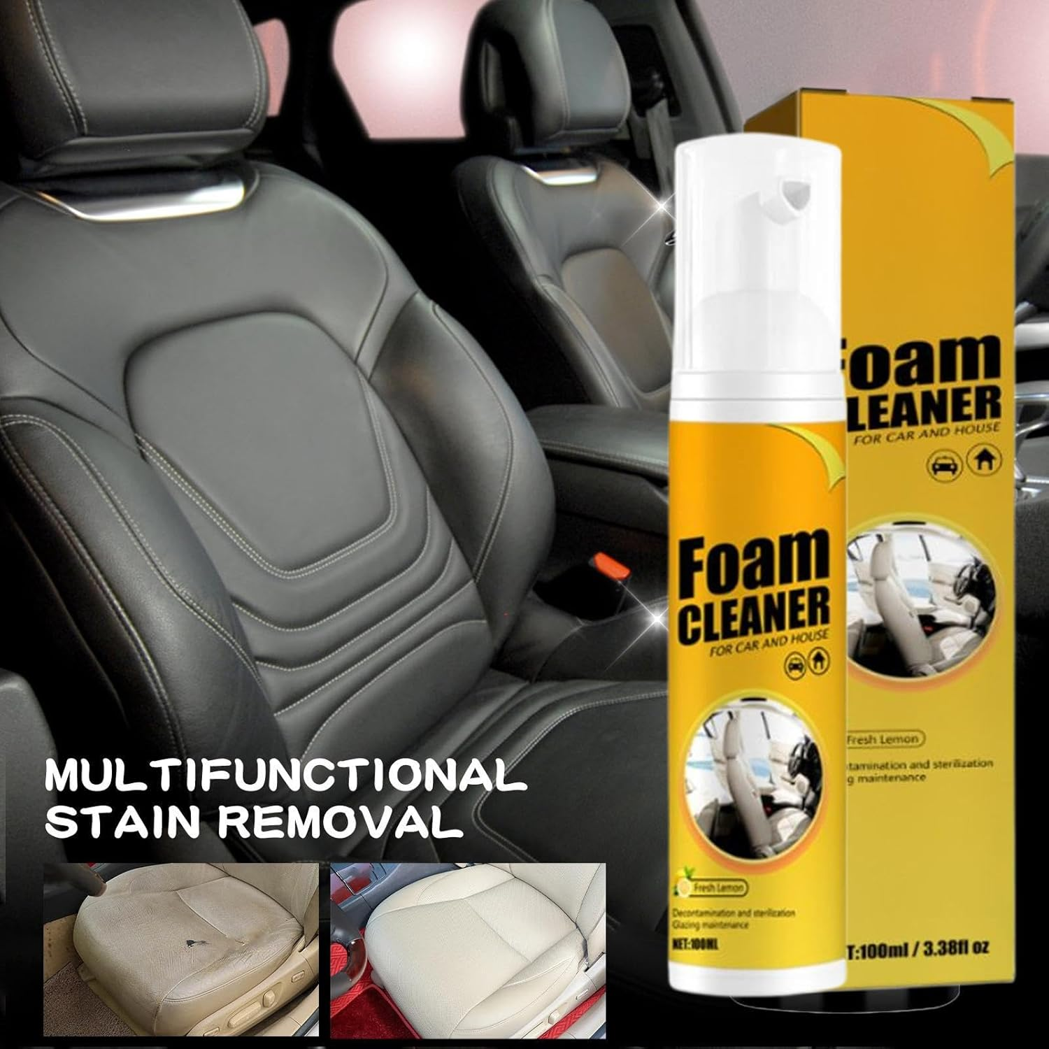 Fbinys Foam Cleaner for Car - Car Steering Wheel Foam Cleaner with Cloth and Sponge,100Ml Automotive Detailing Agent for Central Console Steering Wheel Dashboard Trim Door Upholstery image number 2