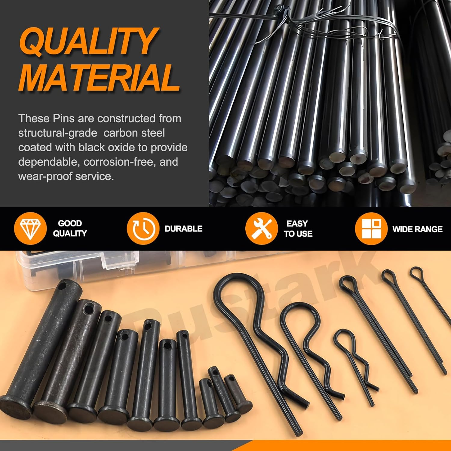 Rustark 100Pcs 16 Sizes M2 M3 M4 M5 M6 M8 M10 M12 Black Cotter Pin Hair Pin Clevis Pin Assortment Kit Zinc Plated R Clips Hair Pins Spring Pin Fasteners Hitch Pin Clips for Automotive Mechanics image number 3