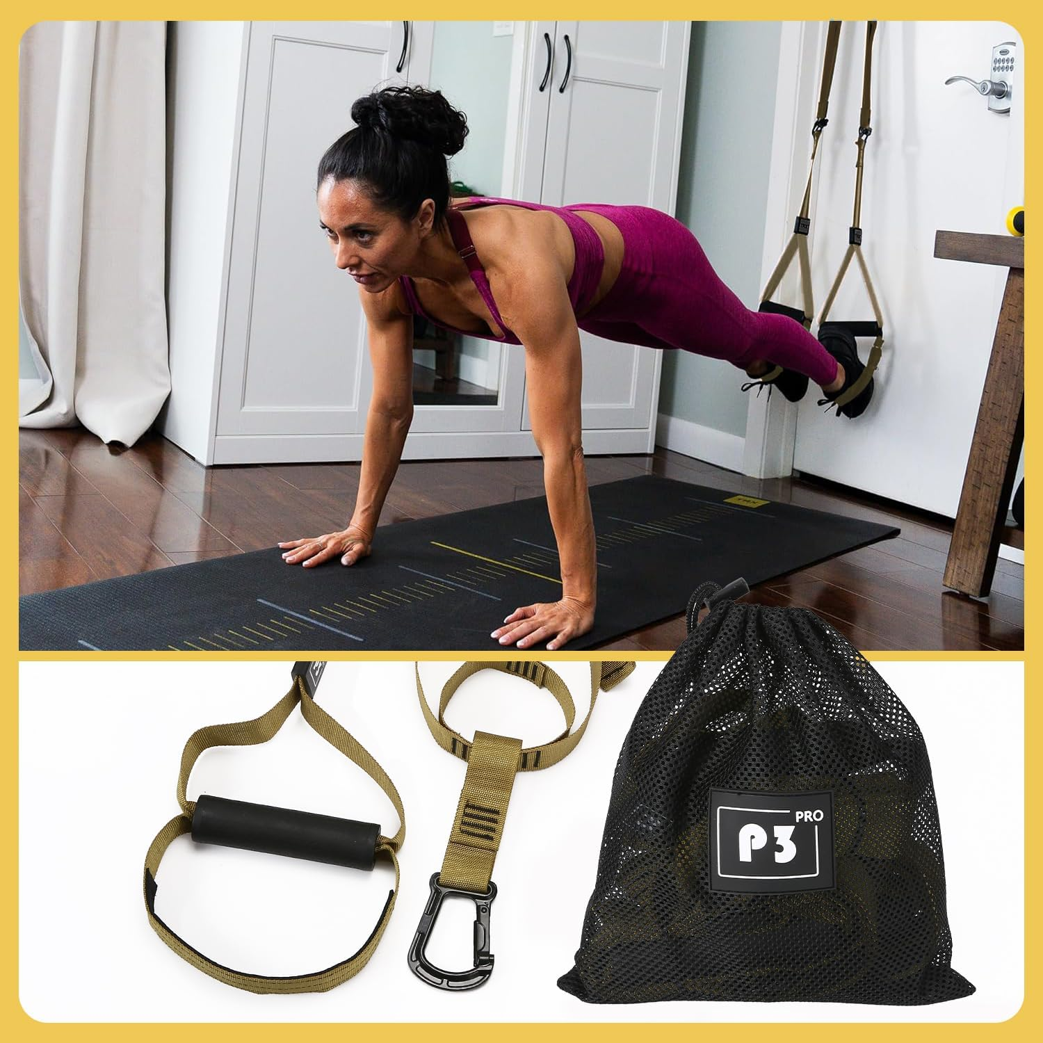 Boutsady Suspension Trainer Kit - Adjustable 1-4M Fitness Bands with Door Anchor, Yoga Resistance Straps, Pull Rope for Home Gym & Outdoor Full-Body Workout, Includes Foot Loops, Handles, Mesh Bag - Black Yellow image number 5