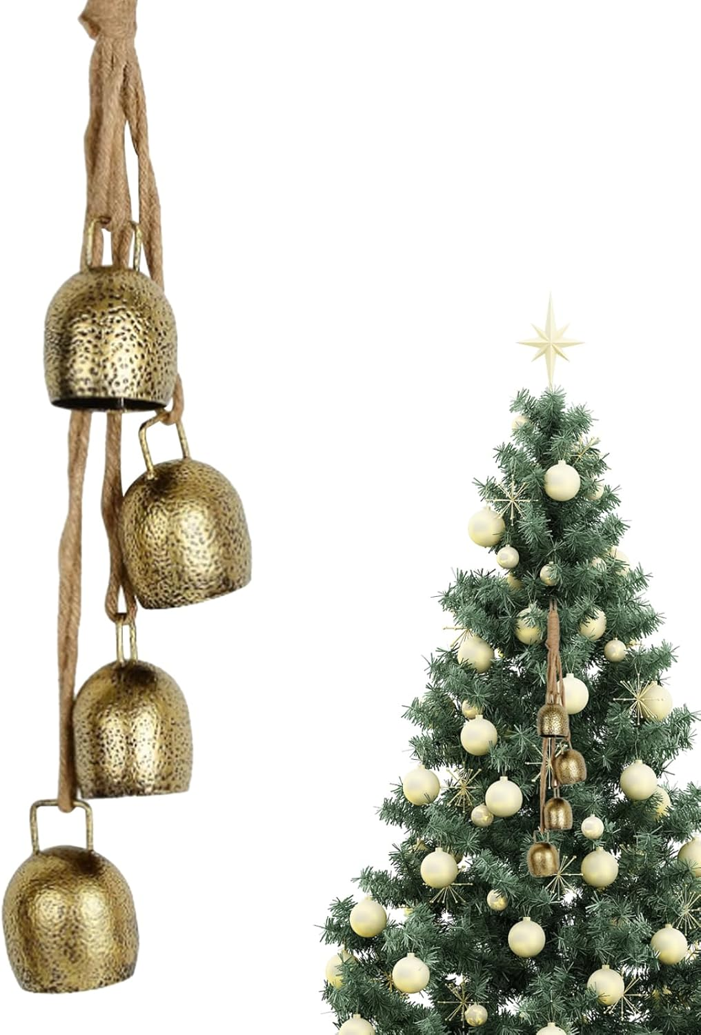 Christmas Bells Gold 42Cm Vintage Xmas Tree Decorations 4 Bells Rustic Hanging Cow Bells with Rope Bell for Door Garden Home Decor Lucky round Witch Bells