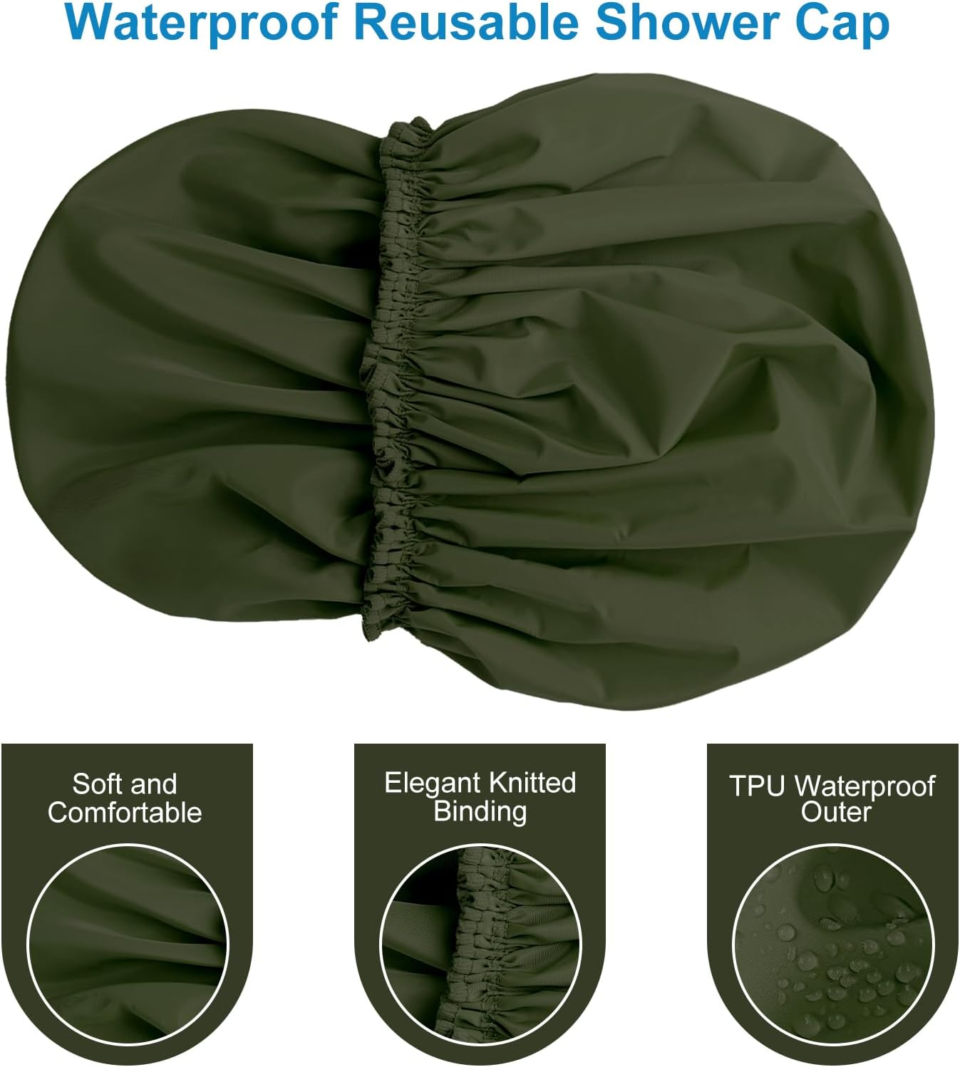 Shower Cap for Women, Double Layer Waterproof Bath Cap, Reusable Hair Protector, Large Waterproof Shower Bonnet Washable Elastic Band Bath Hair Hat for Long Hair, Braids， - Dark Green image number 3