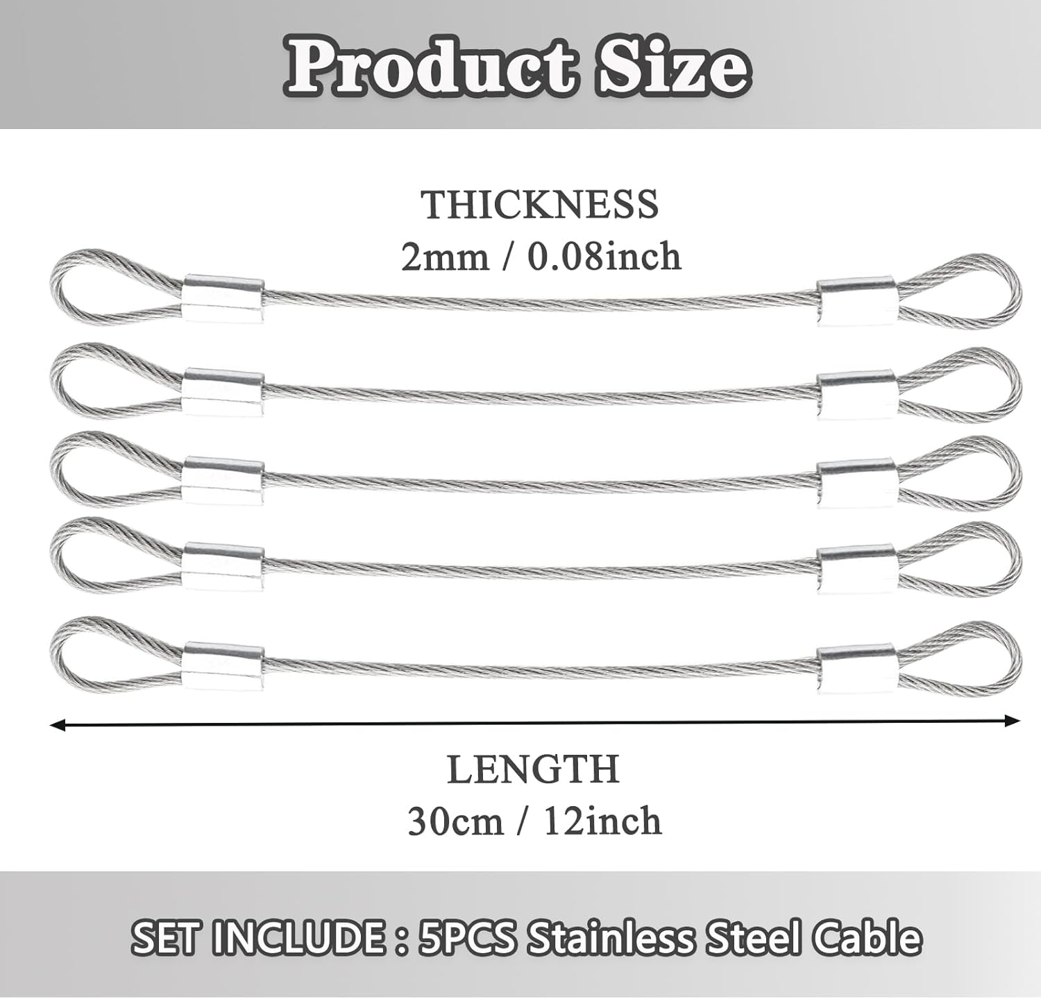 Stainless Steel Cable with Loops, Vinyl Coated Wire Rope Lanyard Lock Security Chains for Outdoor Gates, Stage Lighting, Luggage Lock Wire Rope with Loops 2Mm Thickness 12Inch Length - 5 Packs