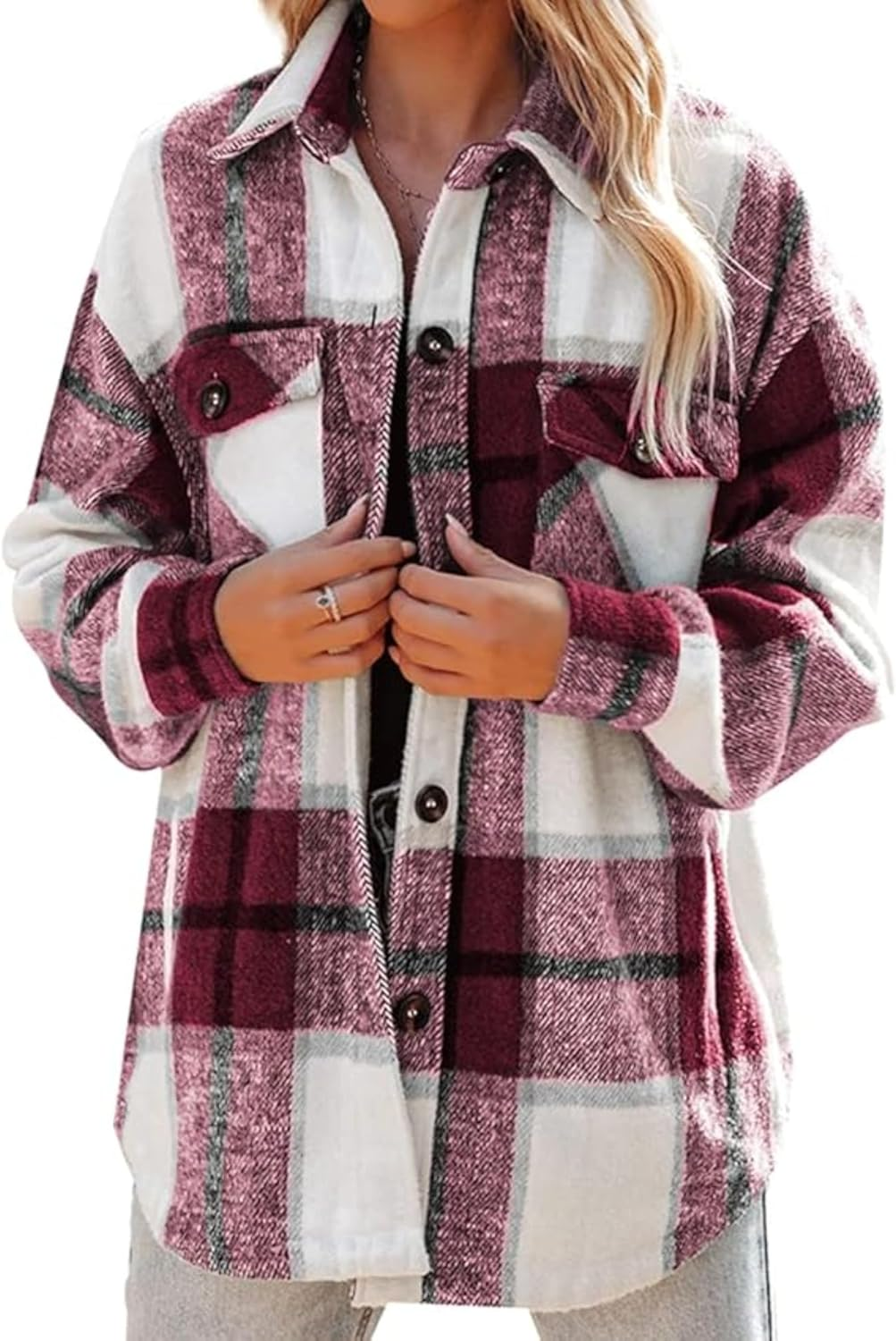 Women'S Casual Flannel Jacket Button down Shirts Jacket Coats Long Sleeve Tops with Pockets image number 2