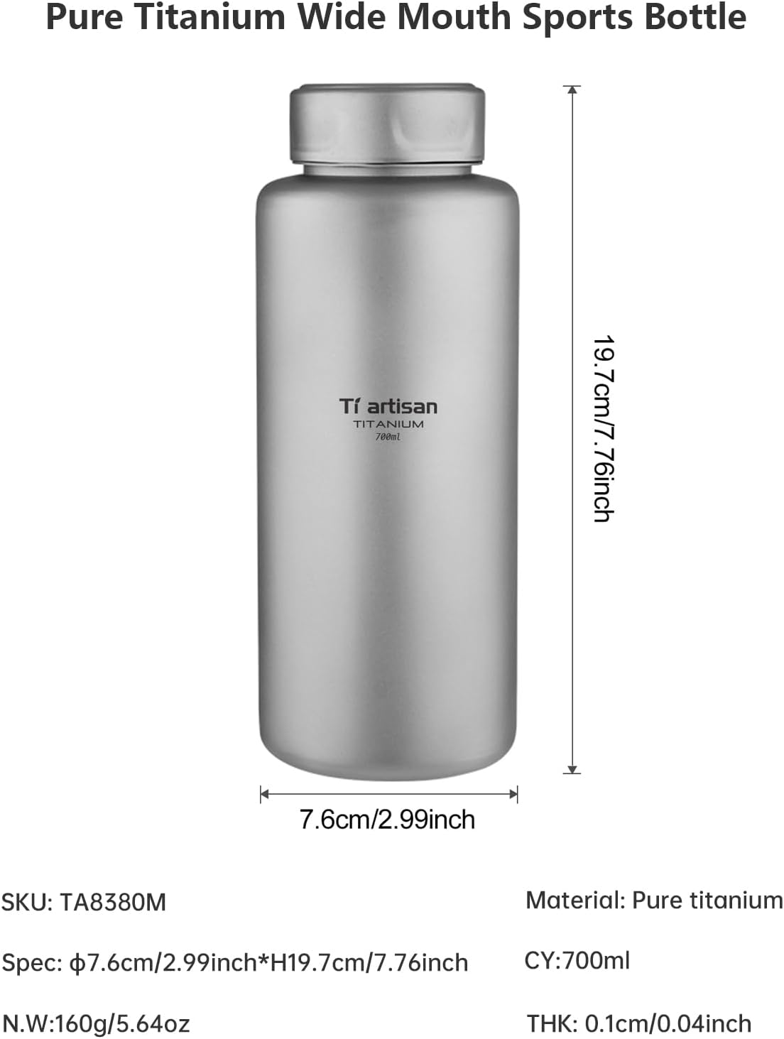 Ti Artisan Titanium Water Bottle Sport Bottle 1000Ml 34Oz/700Ml Ultralight Leakproof for Outdoor Camping Hiking (700Ml(23.67Fl Oz)) image number 4