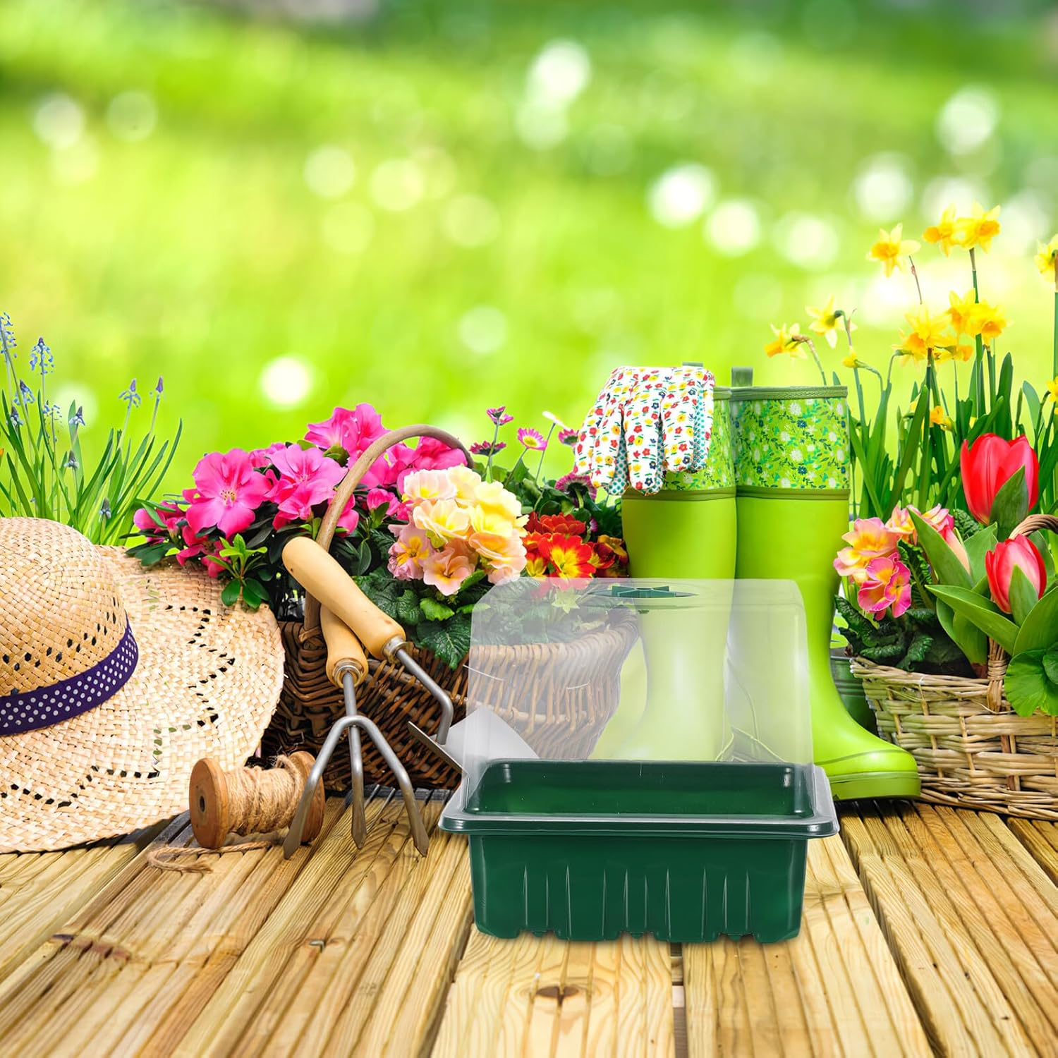 FUNOMOCYA Breathable Plastic Seedling Tray Kit 6-Cell Raised Green Propagation Box with Lid 10Pcs Seed Starter Trays with Markers for Indoor Gardening and Vegetable Germination image number 2