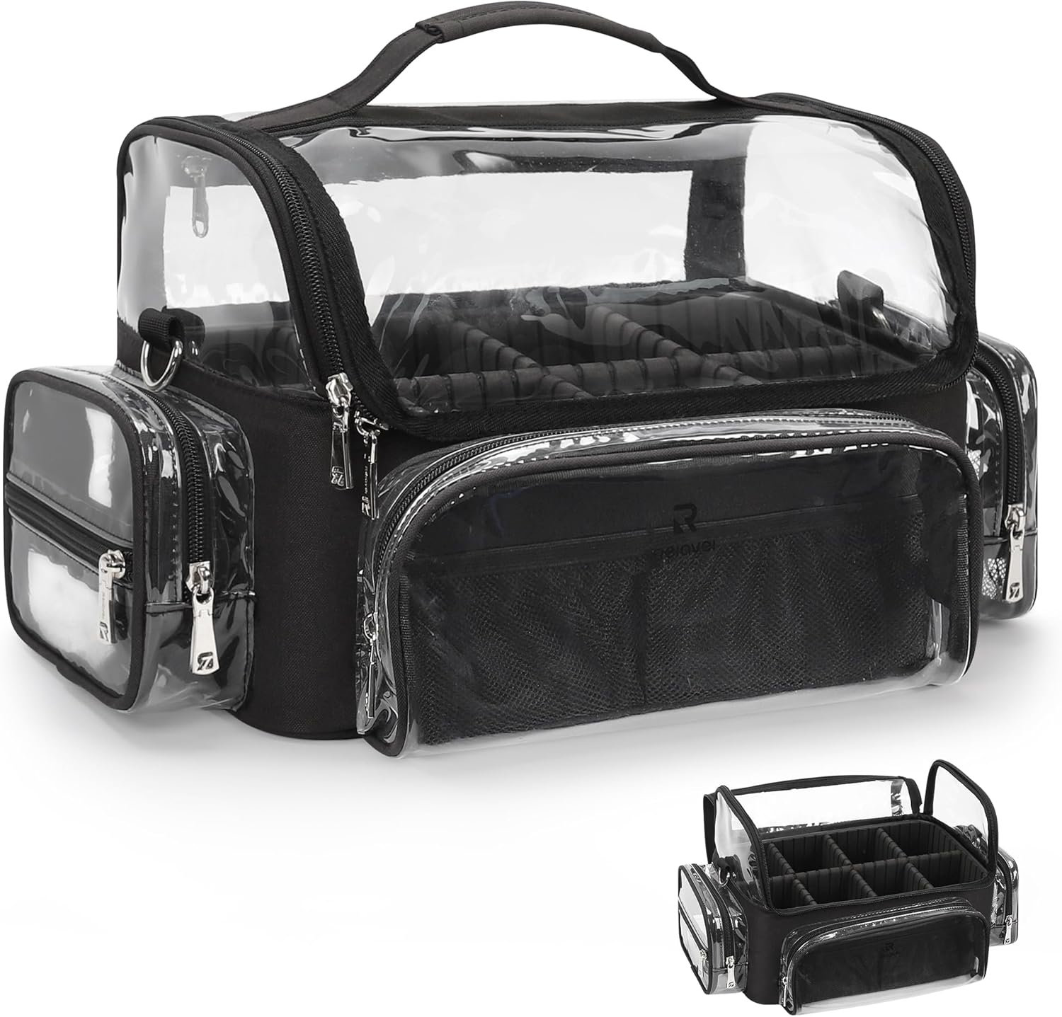 Large Makeup Organizer and Storage, Clear Travel Makeup Bag, Black Makeup Brush Holder Makeup Artist Essentials, Cosmetic Make up Bags for Women with Adjustable Dividers and Strap, Black, Makeup Brush Case