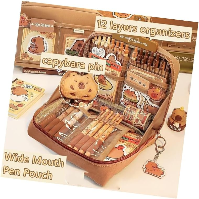 WEZCHUGHAOL Capybara Stationery Set, Cartoon Pencil Bag, Cute Pencil Case with Pens, Clips, Rulers and More, Wide Opening Pen Organiser image number 2