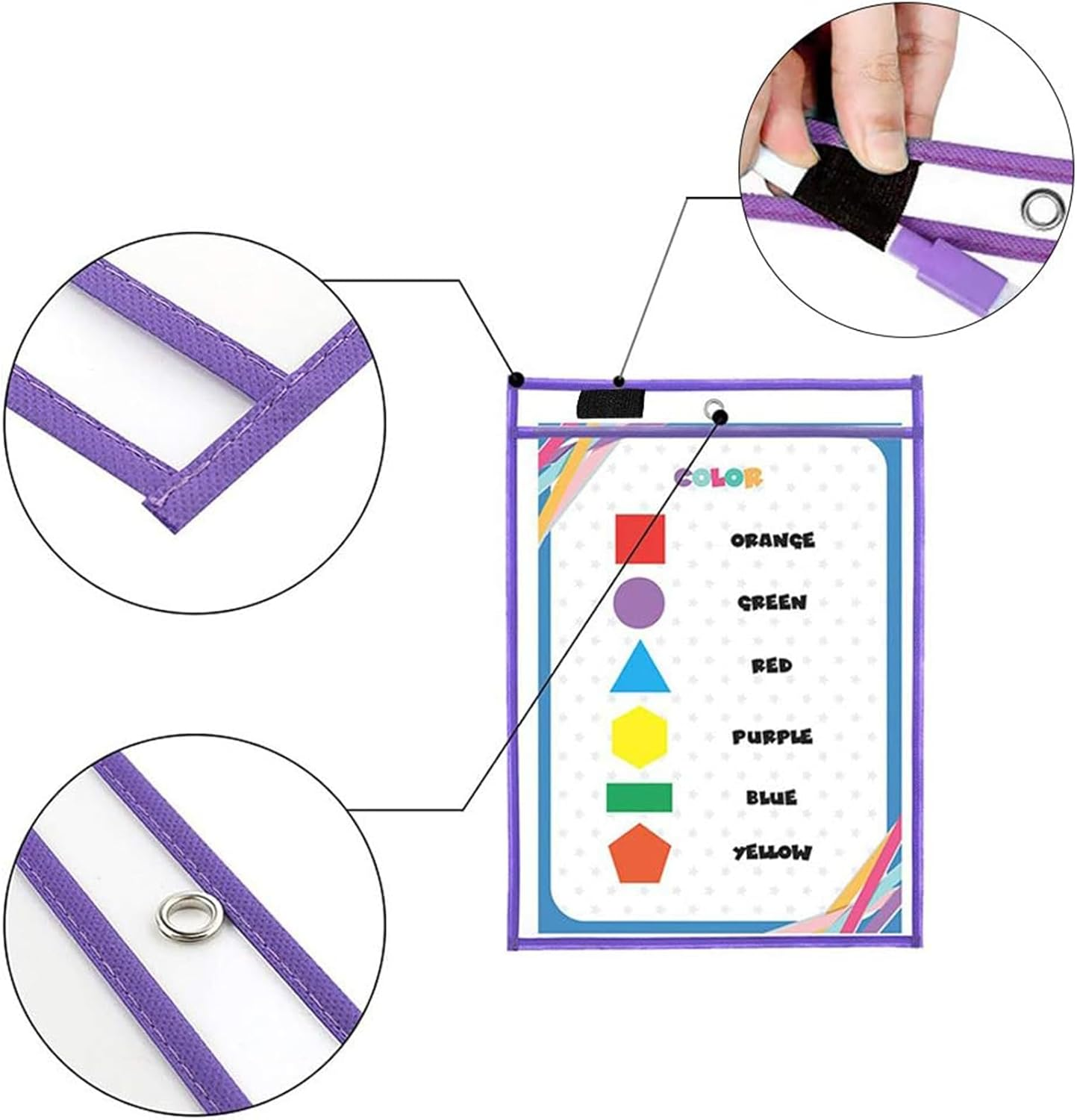 10 Pack Reusable Dry Erase Pockets, 10 Colors, Clear Plastic Sheet Protectors, 10X13 Inch, Write and Wipe Clean for School, Classroom & Office Supplies image number 6